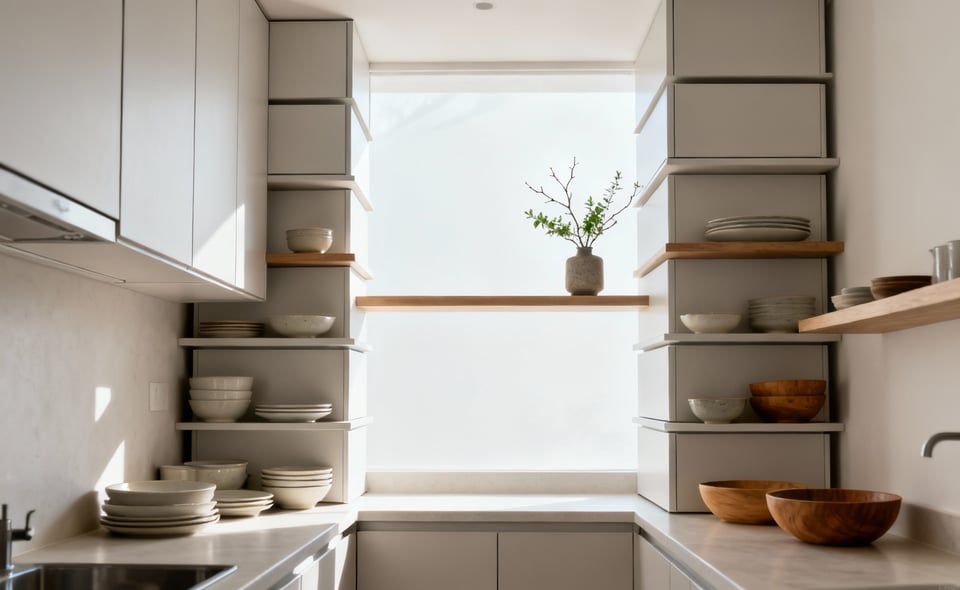 A modern small kitchen featuring sleek vertical storage stacks, combining closed cabinets and open shelves neatly displaying dishes and a small plant, designed to maximize space and create a calm aesthetic under bright natural light.