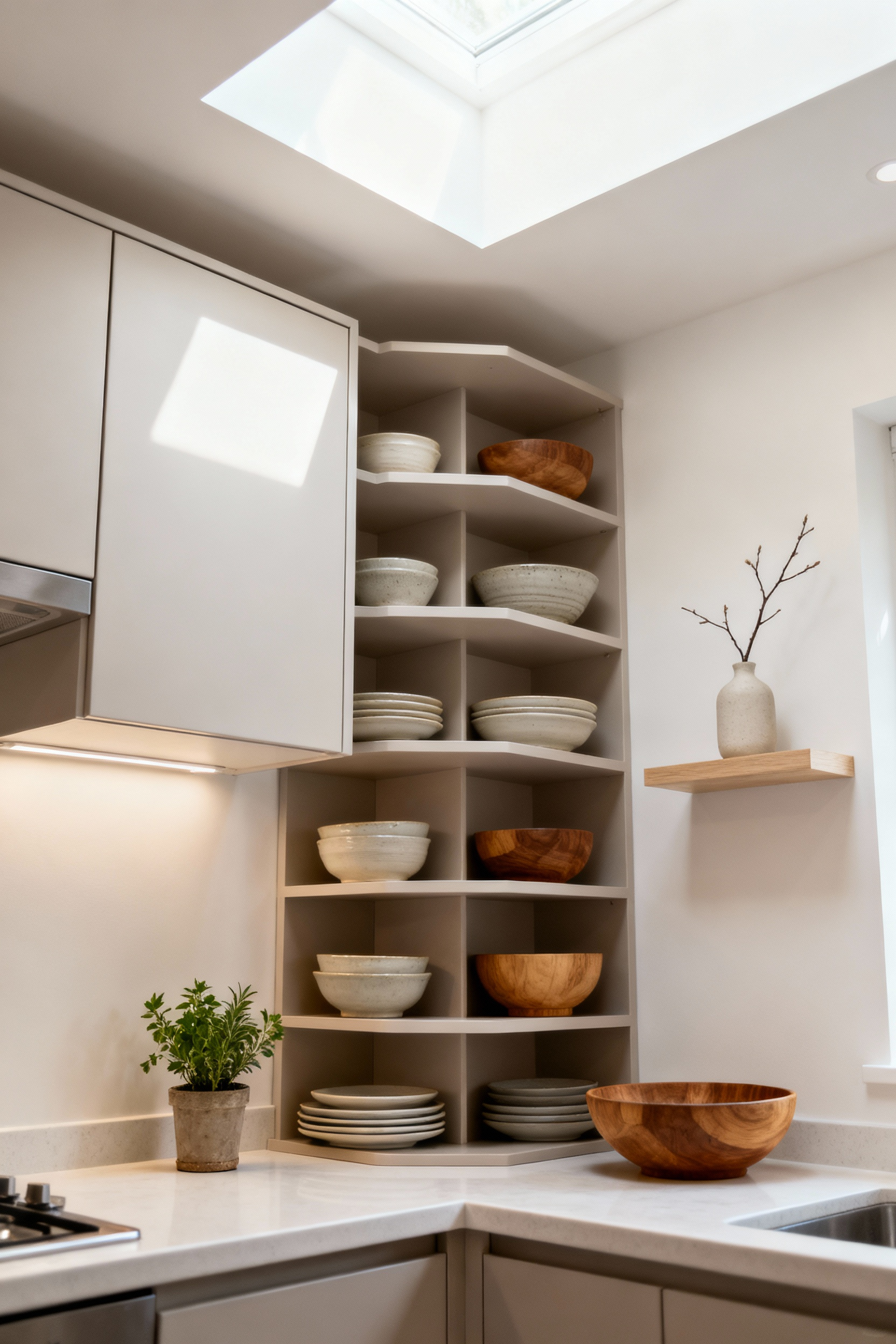 A modern small kitchen featuring sleek vertical storage stacks, combining closed cabinets and open shelves neatly displaying dishes and a small plant, designed to maximize space and create a calm aesthetic under bright natural light.