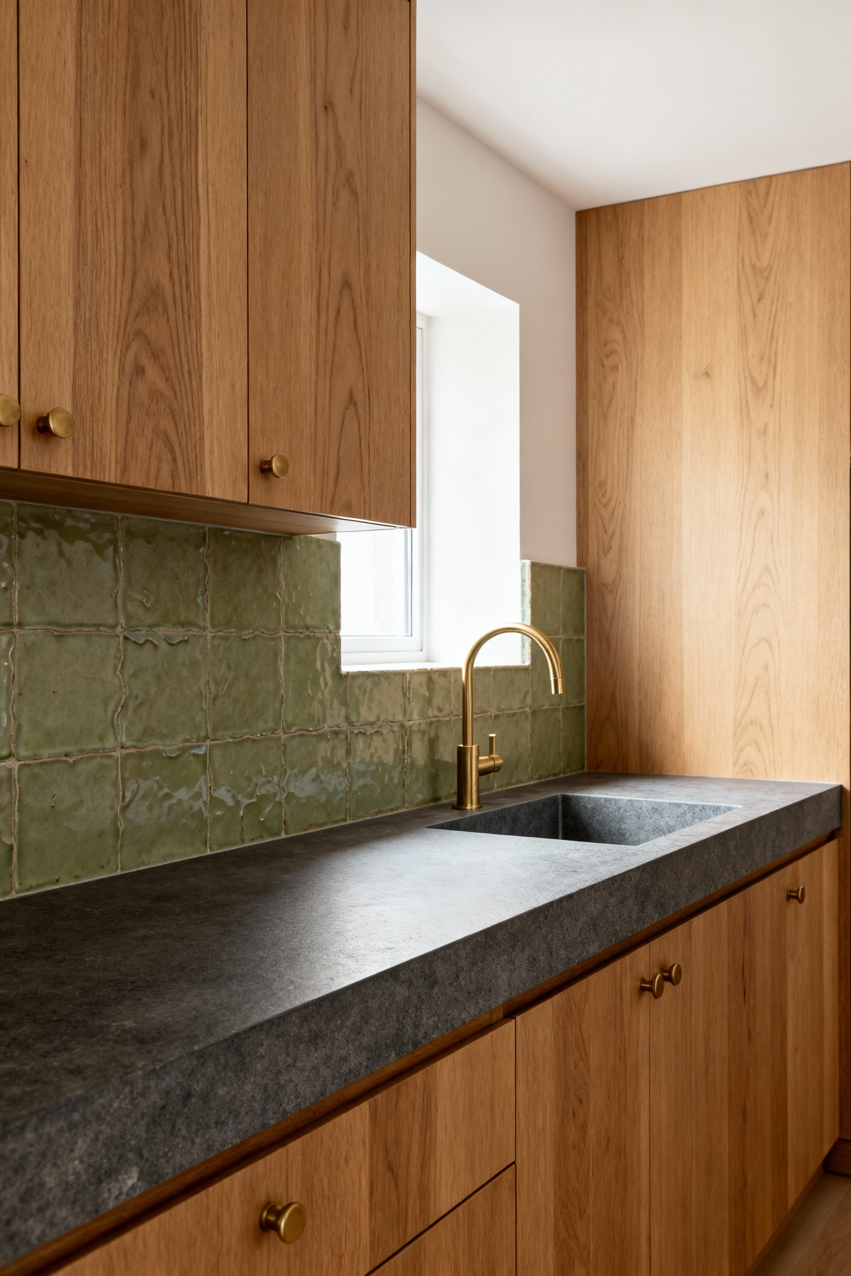 A modern small kitchen interior displaying a rich materiality palette including natural oak cabinetry, honed stone countertops, and textured ceramic tiles, bathed in soft natural light, designed for sensory richness.