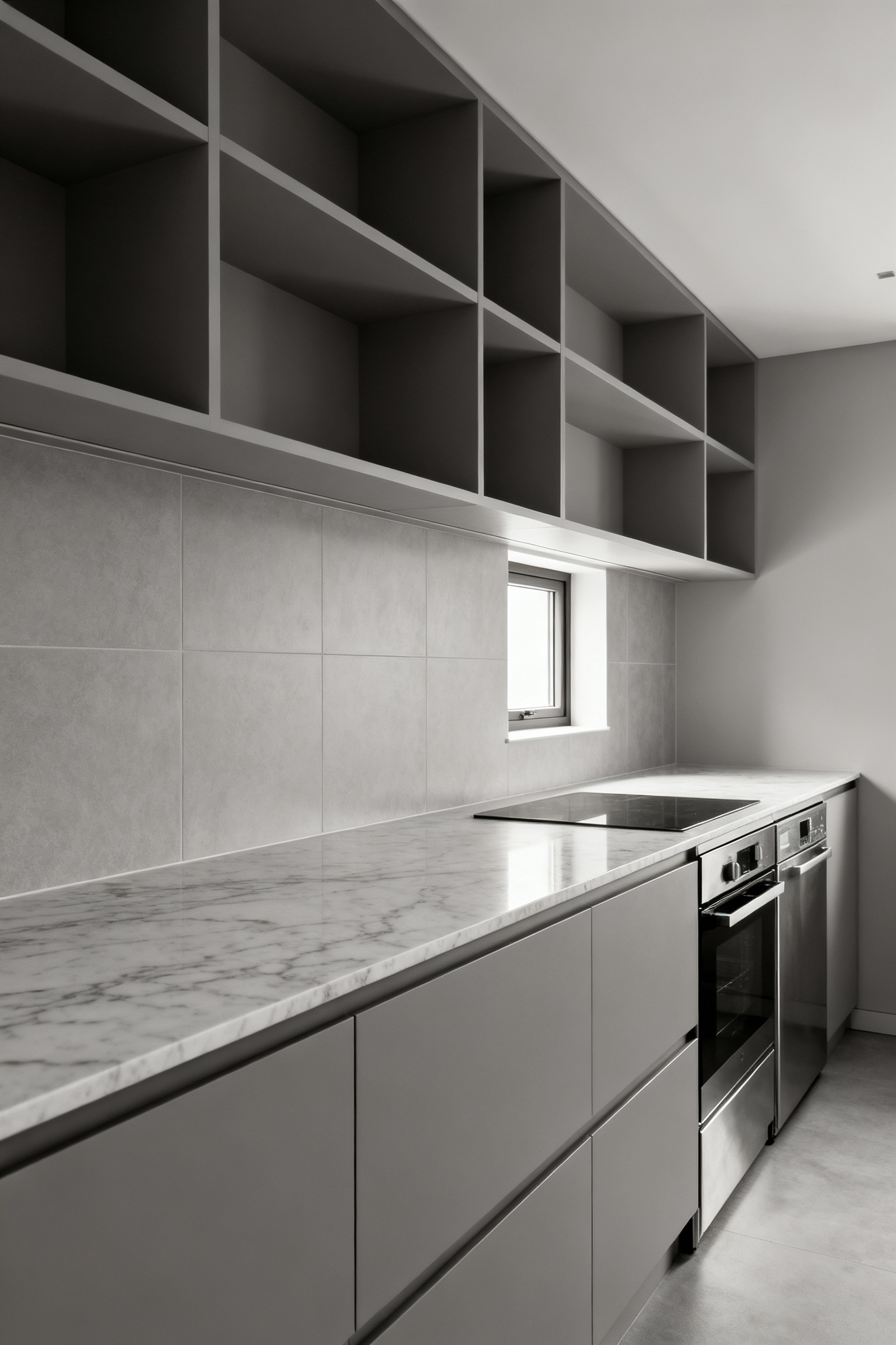 Modern small galley kitchen designed with a monochromatic 'greige' color palette, featuring matte cabinets, light quartz countertops, and a semi-gloss backsplash to create an illusion of space and calm.
