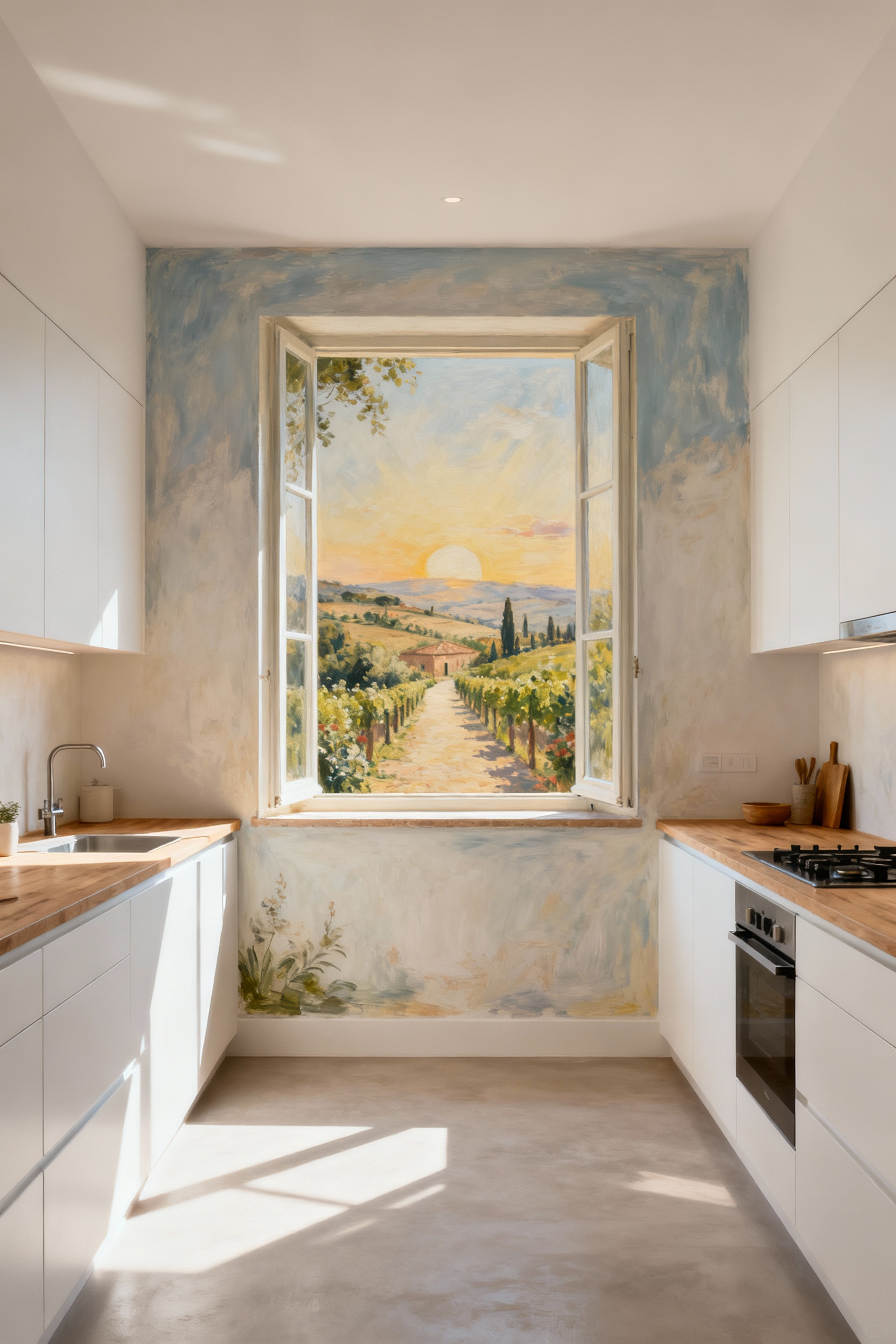Small kitchen featuring a Trompe L'oeil mural of a sunlit Tuscan garden vista on the end wall, creating an illusion of expanded space and openness.