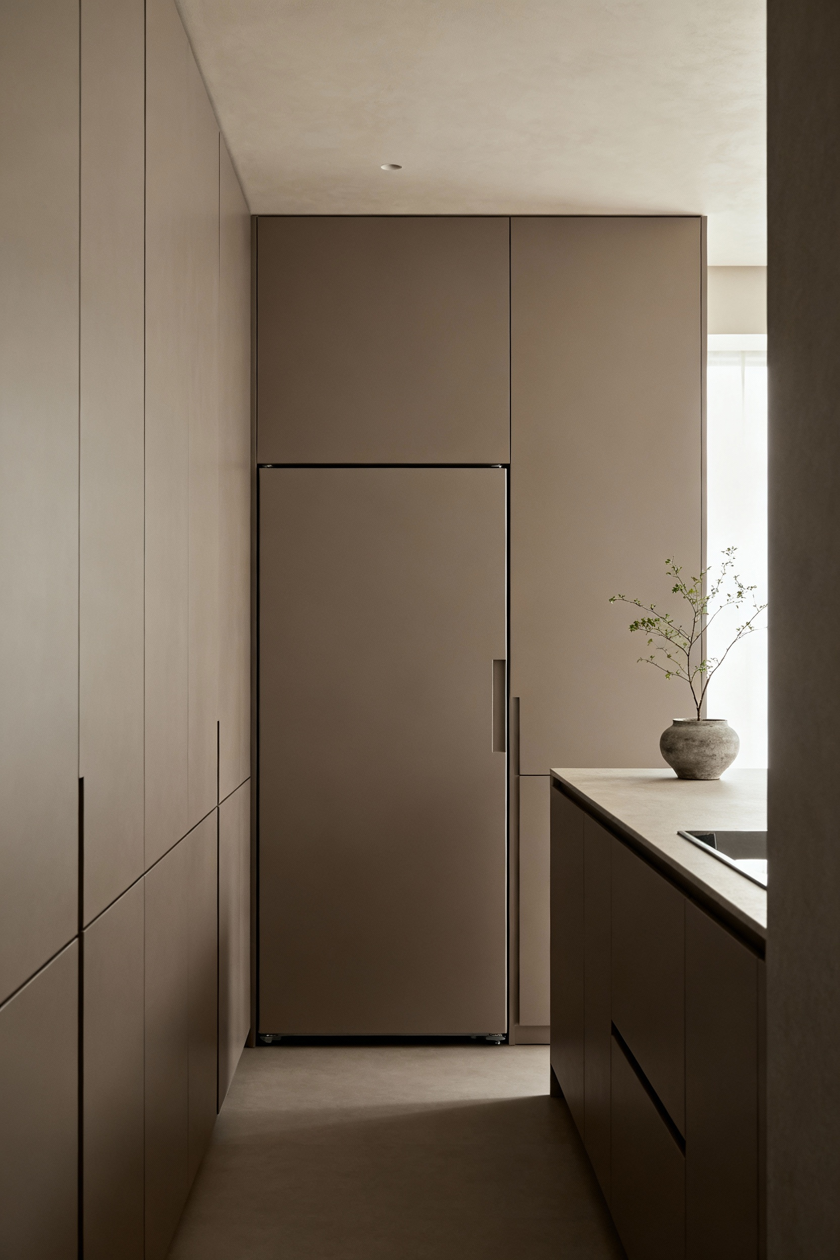 A modern small kitchen featuring a wall of handle-less, muted gray cabinetry with perfectly integrated appliances, creating an exceptionally sleek and visually uninterrupted design.