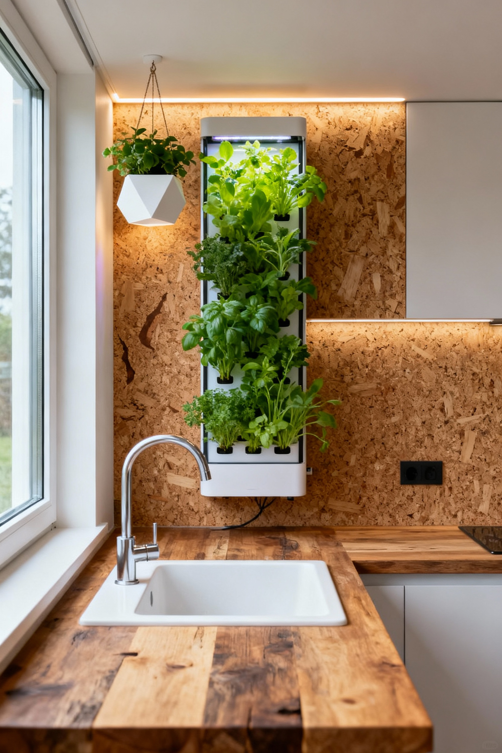 Small kitchen featuring biophilic design with a vertical herb garden, wood countertop, cork backsplash, natural light, and hanging plants, emphasizing wellness and connection to nature.