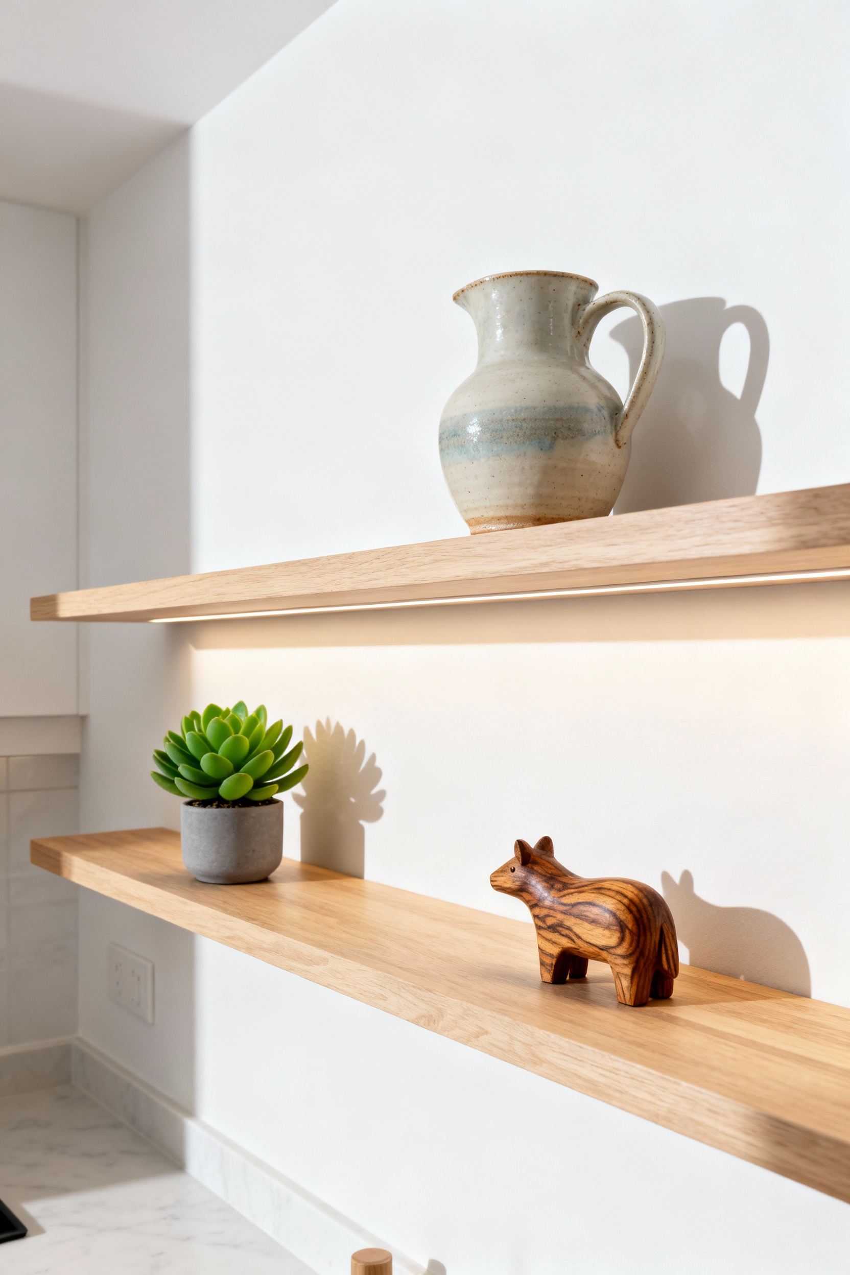 A small kitchen features a curated object display on light wooden floating shelves, including a ceramic pitcher, a succulent, and a carved wooden figurine, enhancing the room's personal narrative.