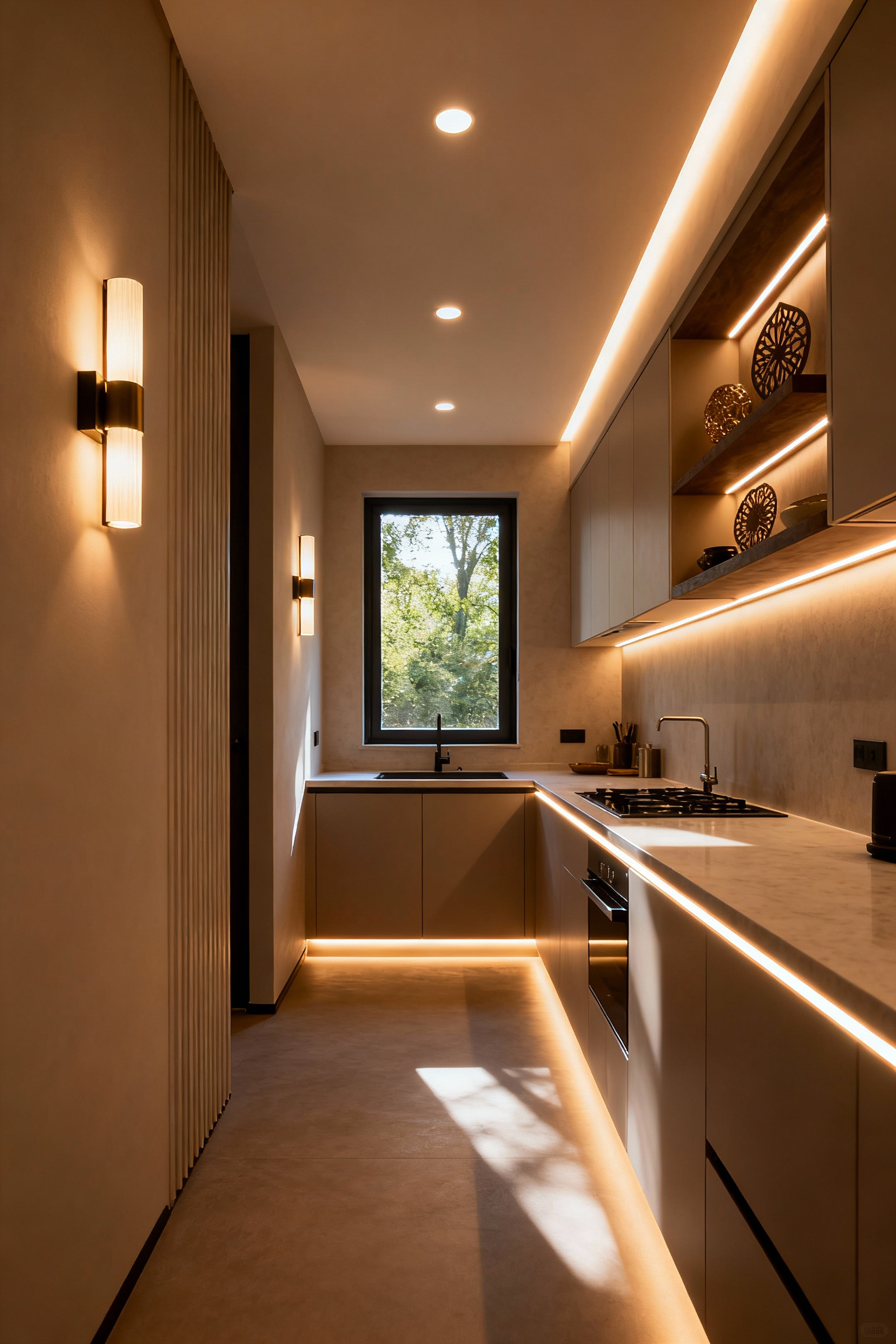 A small kitchen illuminated by layered lighting, featuring recessed ambient lights, under-cabinet task lights, and wall sconces, creating visual depth and a spacious feel.