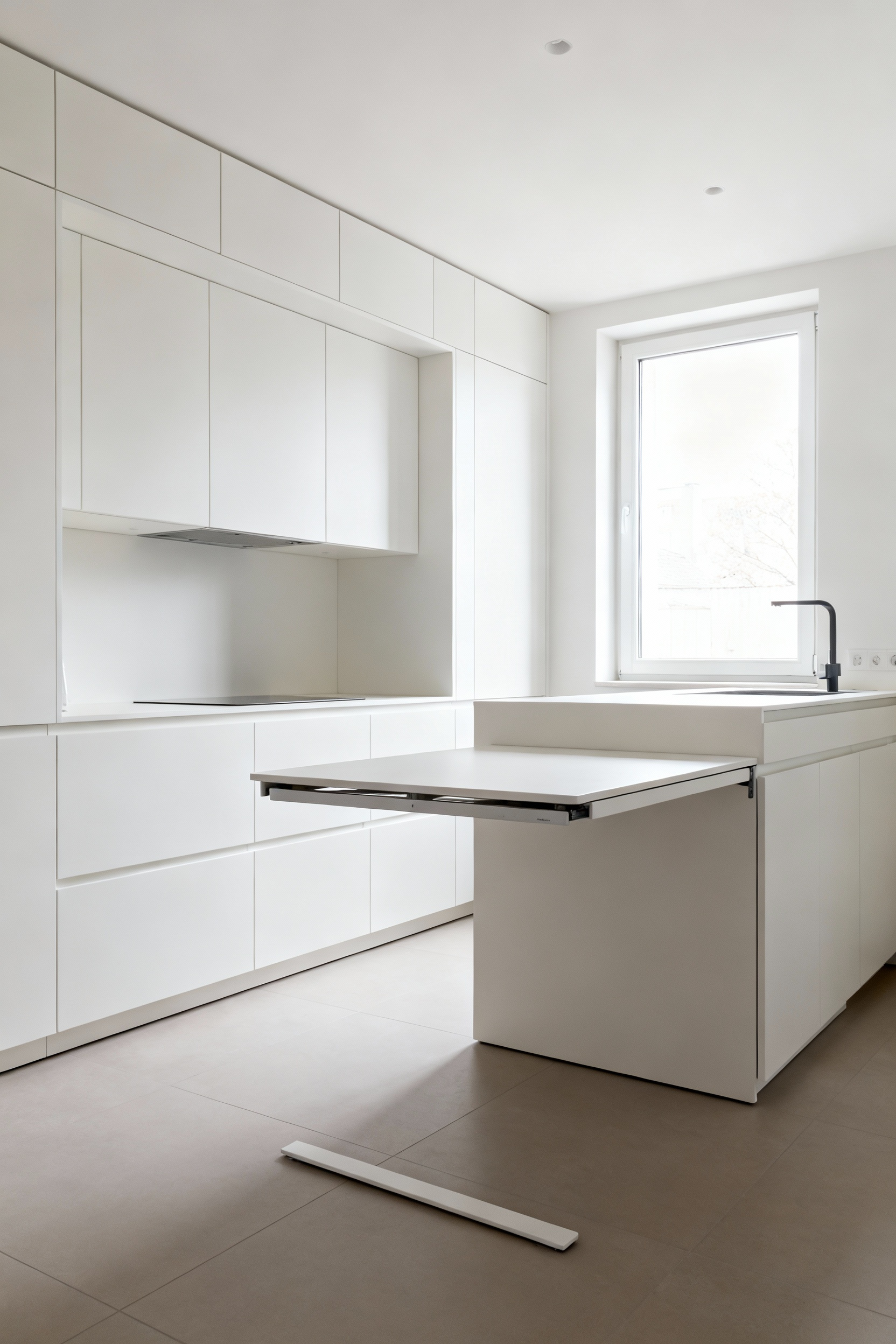 A minimalist small kitchen with adaptable modular cabinetry, featuring a pull-out dining table extension and concealed appliances, demonstrating flexible and efficient space engineering.