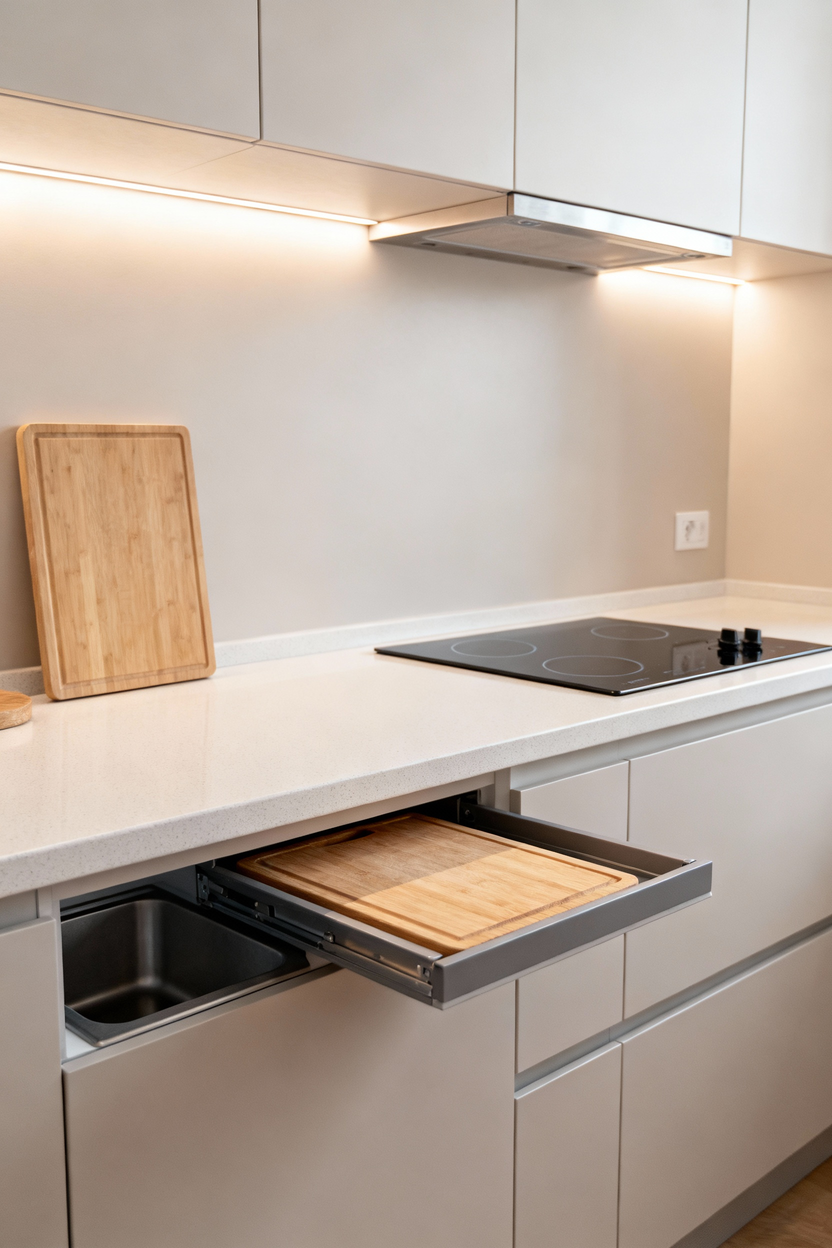 A compact kitchen showcasing optimal ergonomic design with seamless transitions between work zones, focused on reducing strain and boosting efficiency.