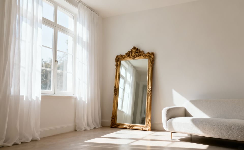 A bright, airy apartment living room filled with natural light, featuring sheer white curtains, light-colored walls, a large gold-framed mirror reflecting light, and a modern minimalist sofa, creating a serene environment.