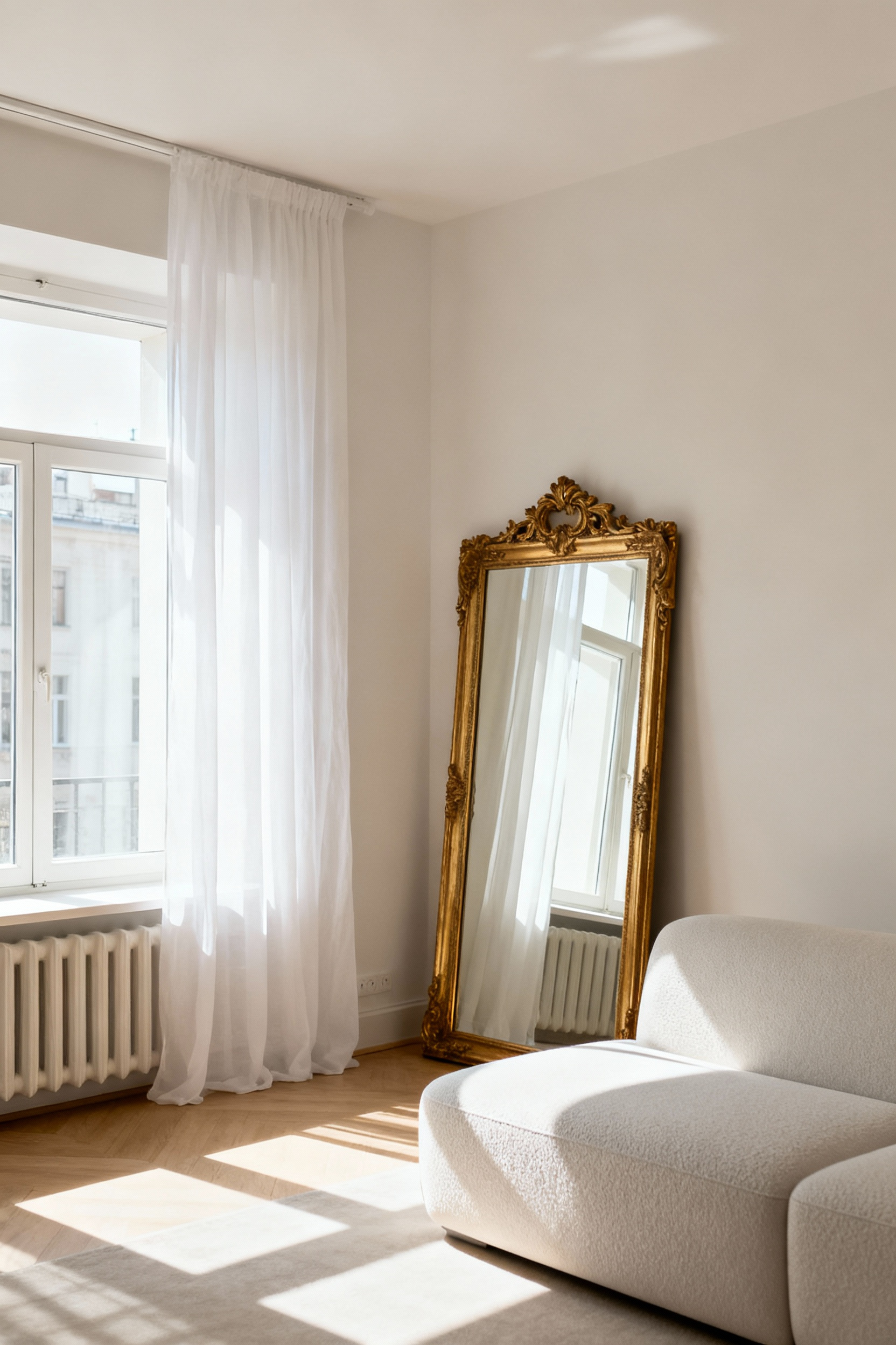 A bright, airy apartment living room filled with natural light, featuring sheer white curtains, light-colored walls, a large gold-framed mirror reflecting light, and a modern minimalist sofa, creating a serene environment.