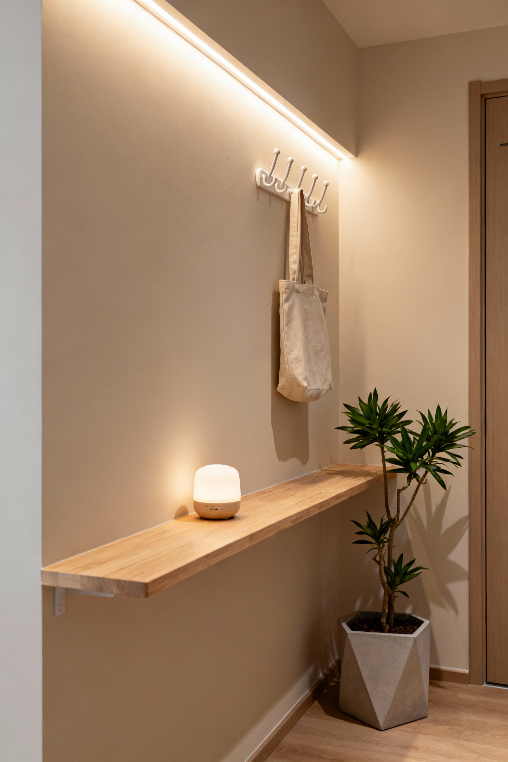 A minimalist and intentional apartment entryway featuring a sleek console, discreet hooks, a plant, and warm indirect lighting, creating a calm and welcoming transitional space.