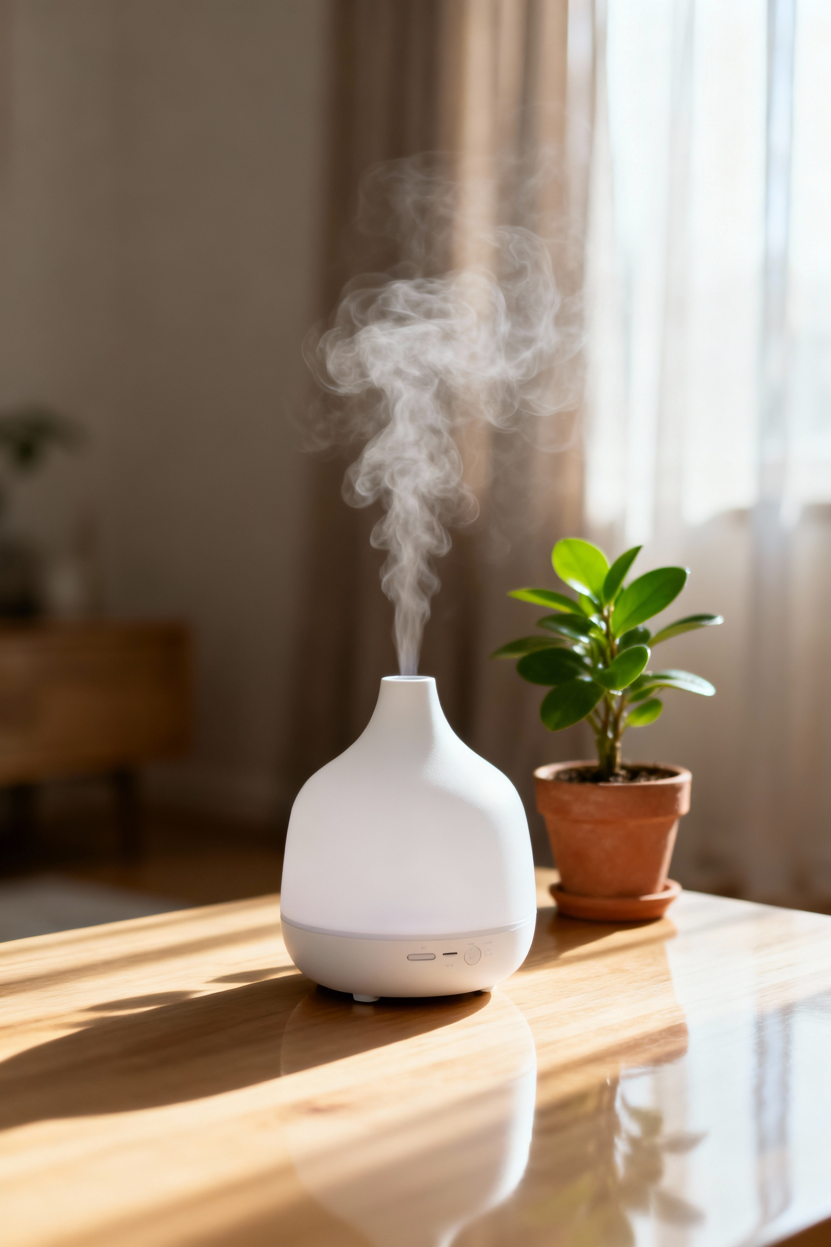 Minimalist white ceramic essential oil diffuser with mist, placed on a light wood surface in a calm, naturally lit apartment living room with a green plant, promoting olfactory well-being.