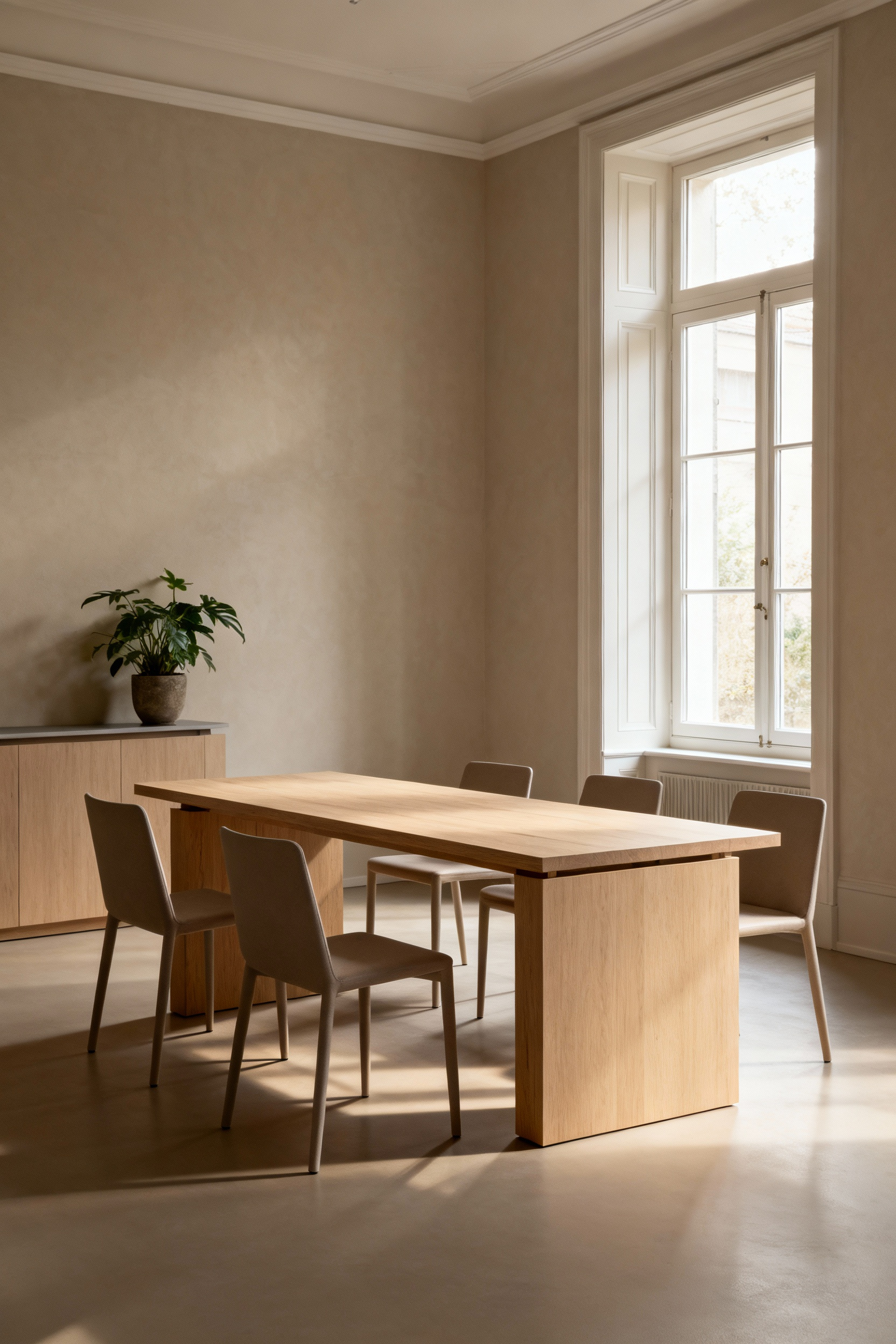 A modern apartment living room with a sleek transforming console table in its dining setup. The room features minimalist decor and natural lighting, showcasing space efficiency.