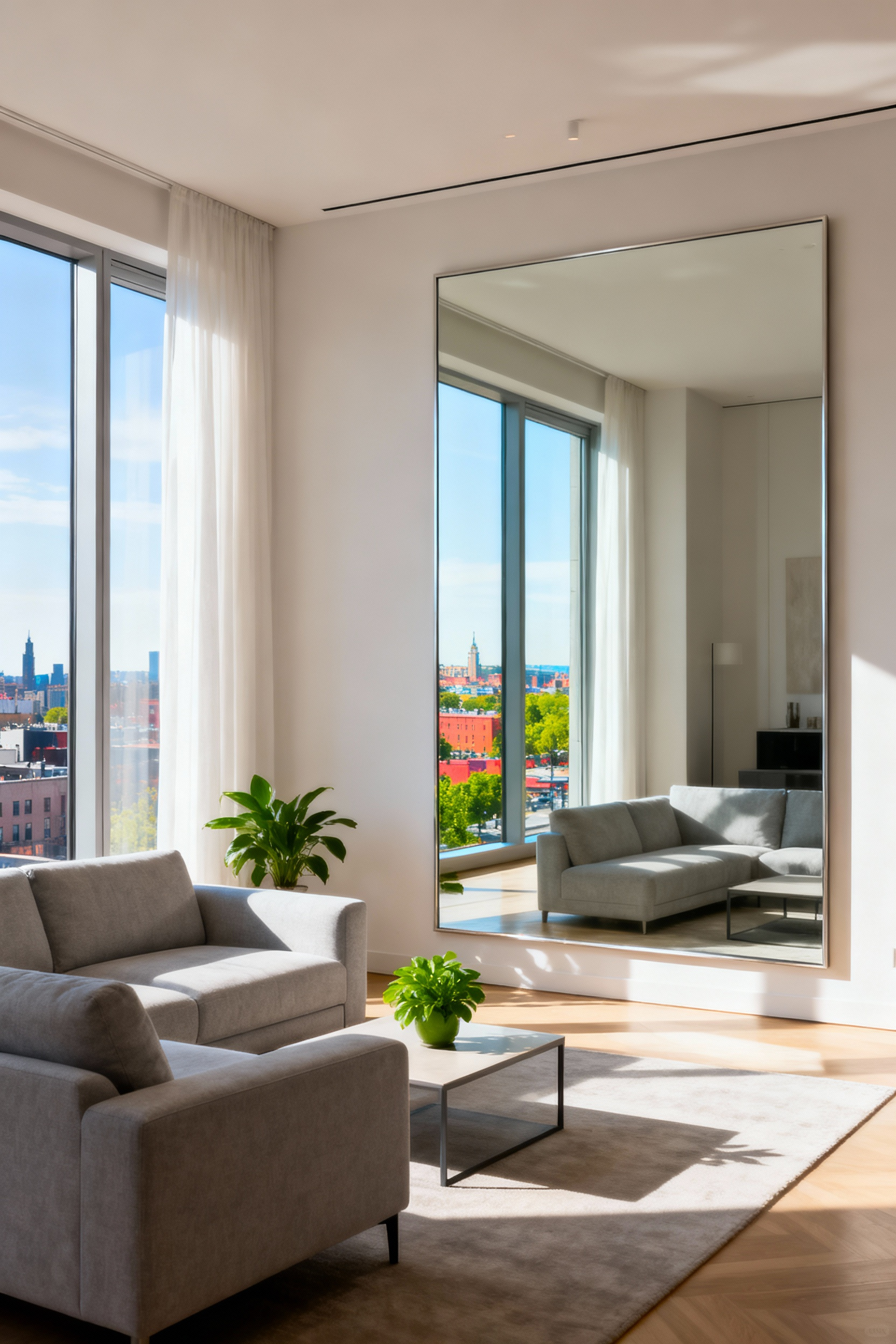 A stylish apartment living room featuring a large, unframed mirror placed opposite a window, reflecting natural light and making the space appear significantly larger and brighter.