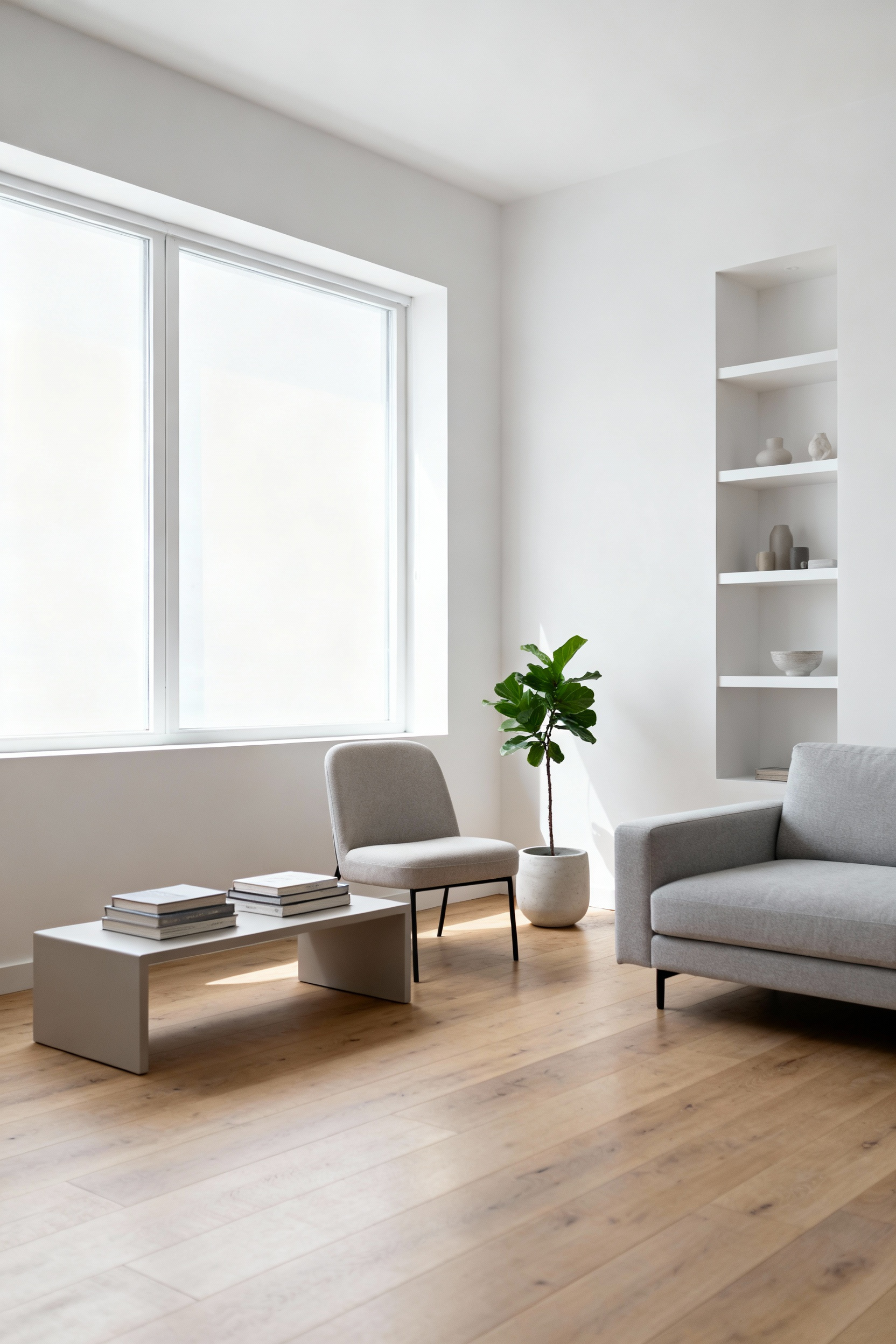 A meticulously organized, minimalist apartment living room corner bathed in natural light, showcasing a serene atmosphere, uncluttered surfaces, and purposeful decor, representing the benefits of intentional decluttering for mental clarity.