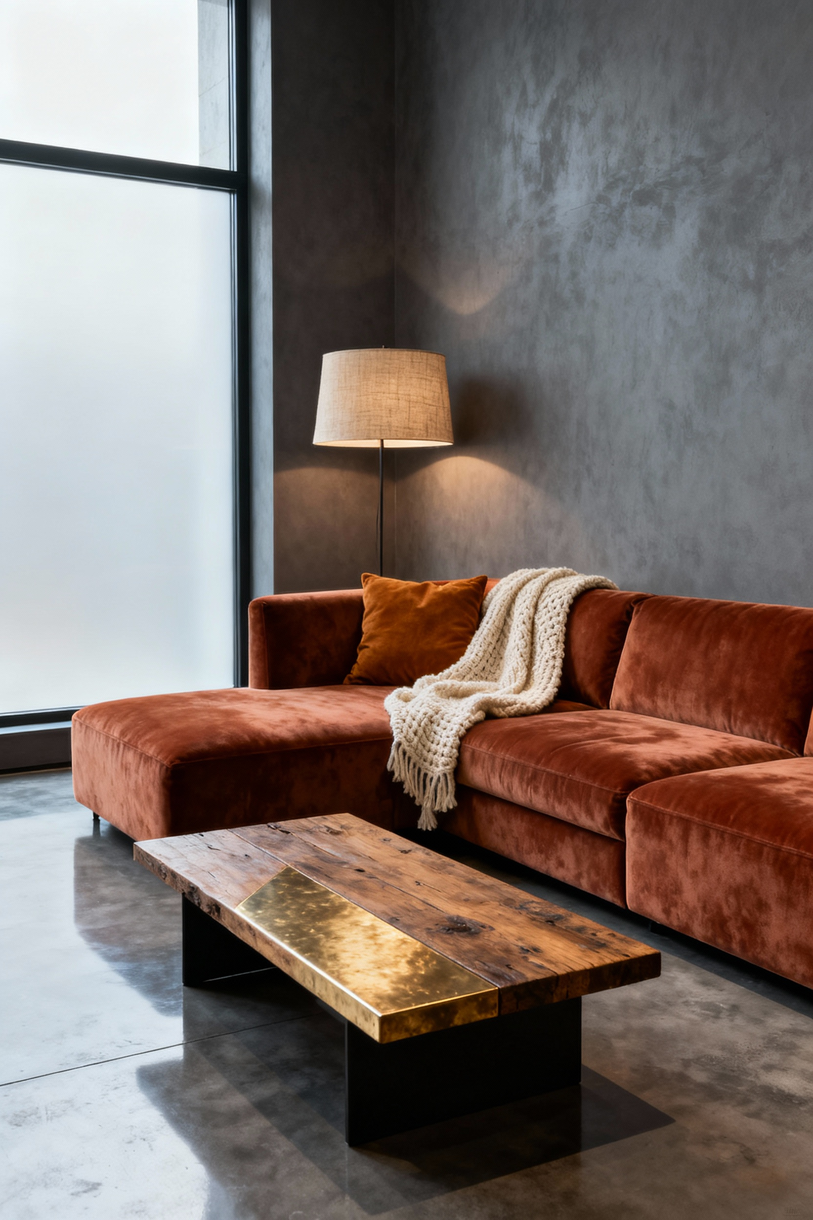 Living room featuring a harmonious blend of cool gray walls, polished concrete floors, and warm accents like a terracotta velvet sofa, wooden coffee table, and brushed brass details. Soft, inviting lighting.