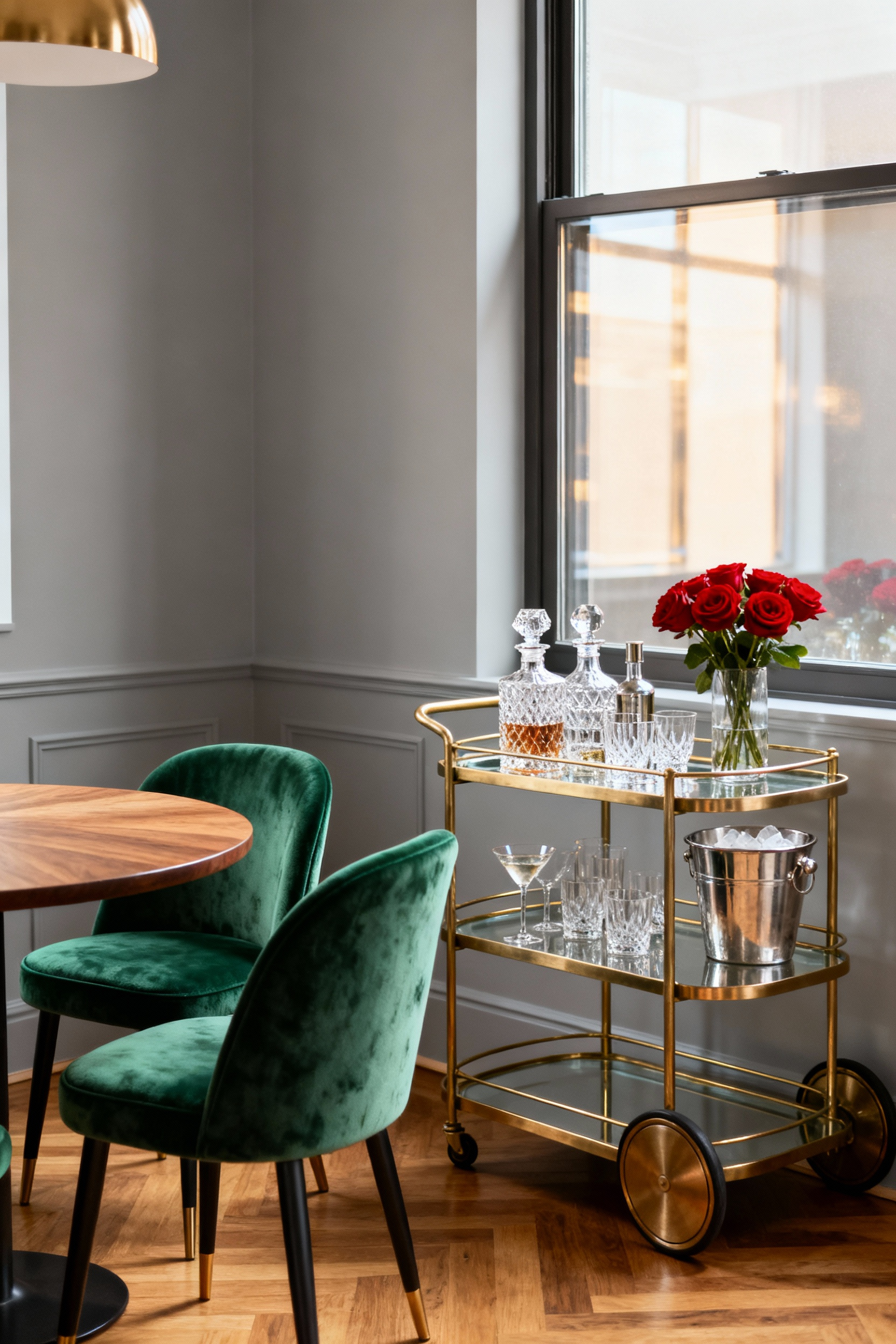 A stylish brass and glass rolling bar cart utilized for flexible storage and entertaining in a small, sophisticated Mid-Century Modern inspired dining room.
