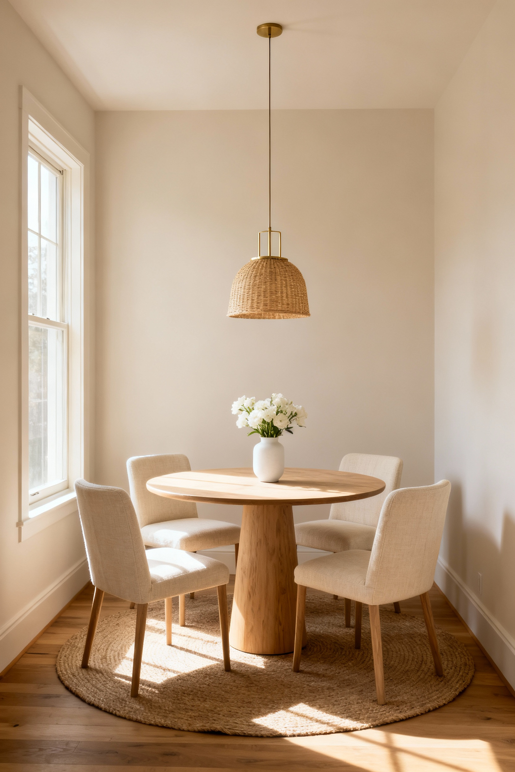 A small, intimate dining room featuring a round light oak pedestal table and creamy linen chairs, illustrating efficient design for tight spaces.