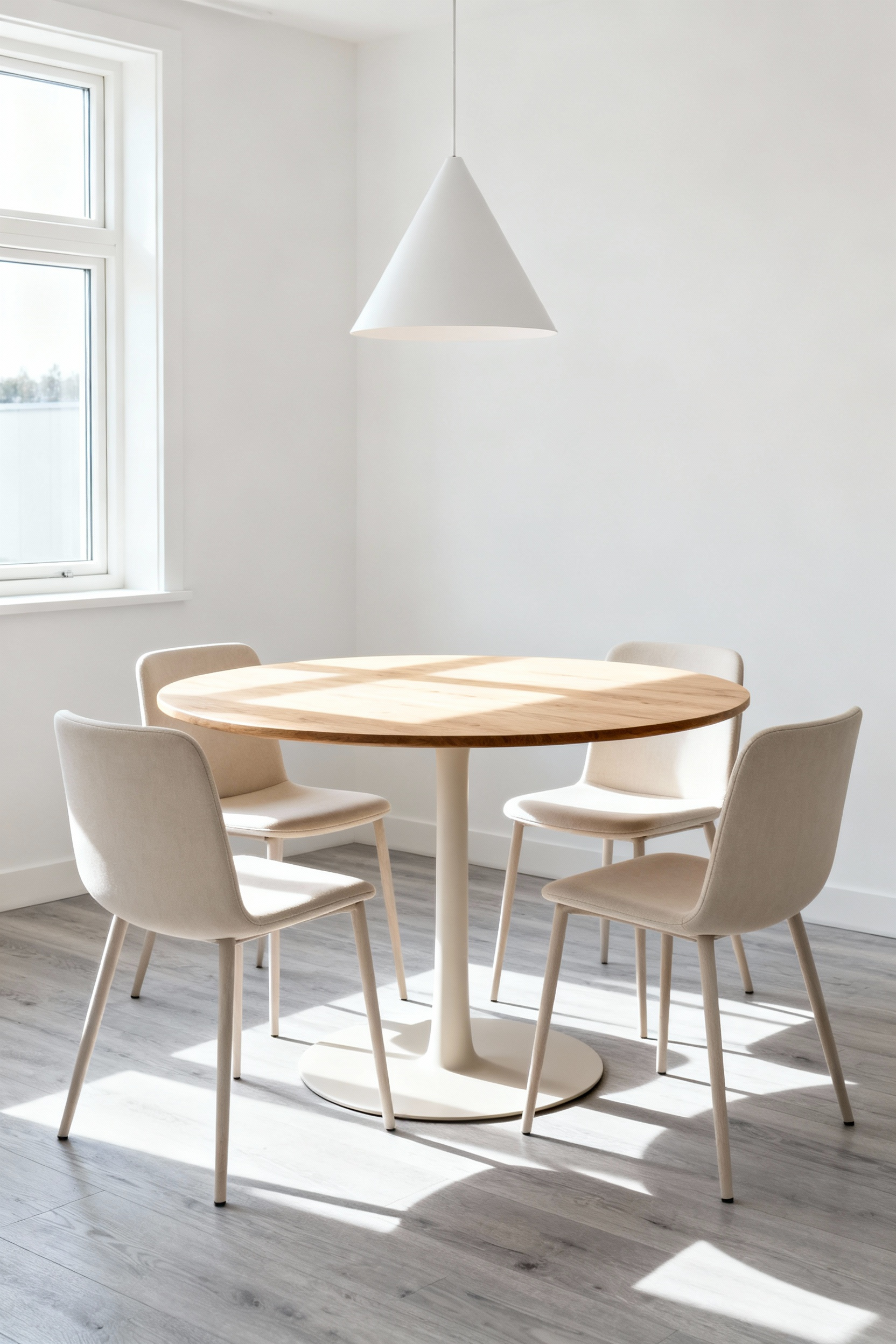 Small, brightly lit dining room featuring a round oak pedestal table and four fully tucked-in minimalist chairs, emphasizing space-saving design and fluid movement.