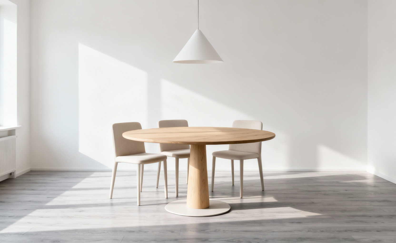 Small, brightly lit dining room featuring a round oak pedestal table and four fully tucked-in minimalist chairs, emphasizing space-saving design and fluid movement.