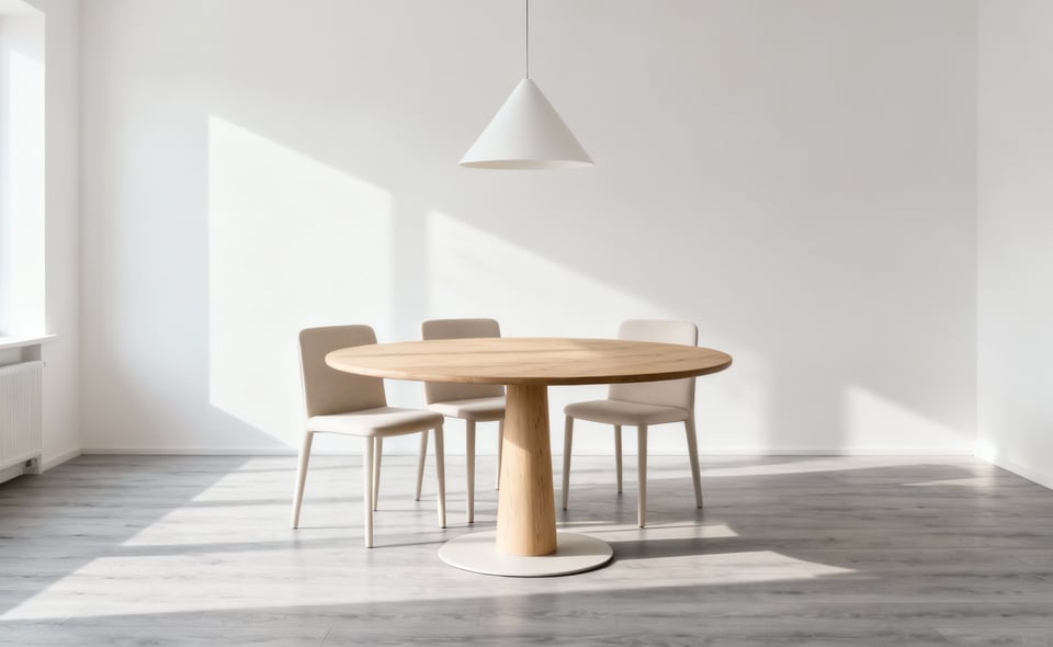 Small, brightly lit dining room featuring a round oak pedestal table and four fully tucked-in minimalist chairs, emphasizing space-saving design and fluid movement.