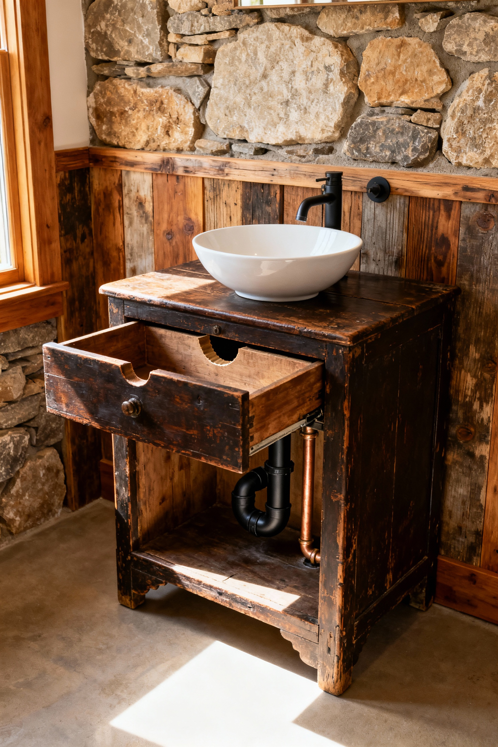 A rustic bathroom vanity created from a dark antique chest. The partially opened top drawer clearly shows the U-shaped cut required for the P-trap plumbing to pass through the structure.