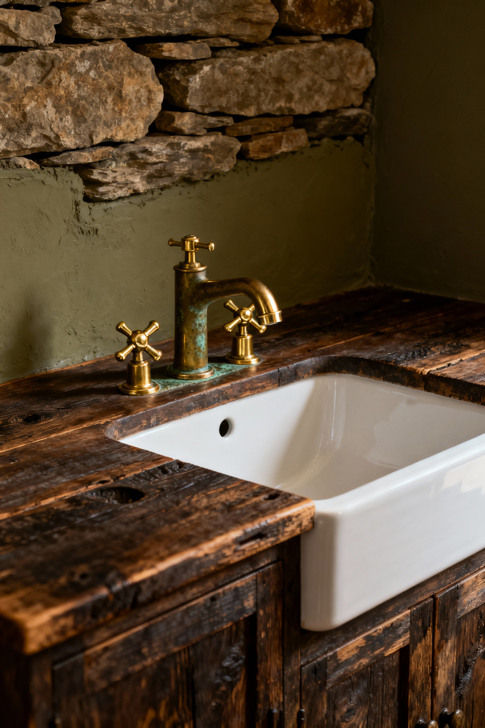 Detailed view of a rustic bathroom vanity featuring an unlacquered brass bridge faucet with contrasting dark patina on the spout and bright finish on the handles, set against reclaimed wood and textured stone.