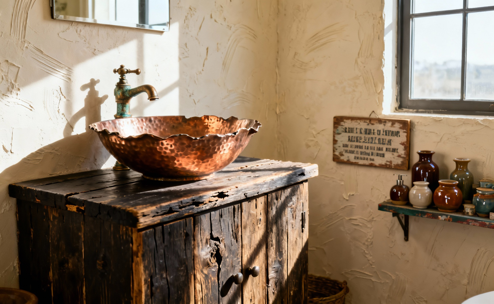 A visual distinction between authentic time-worn elegance (reclaimed wood vanity and hammered copper sink) and cheap, imitation kitsch accessories in a sunlit rustic bathroom.