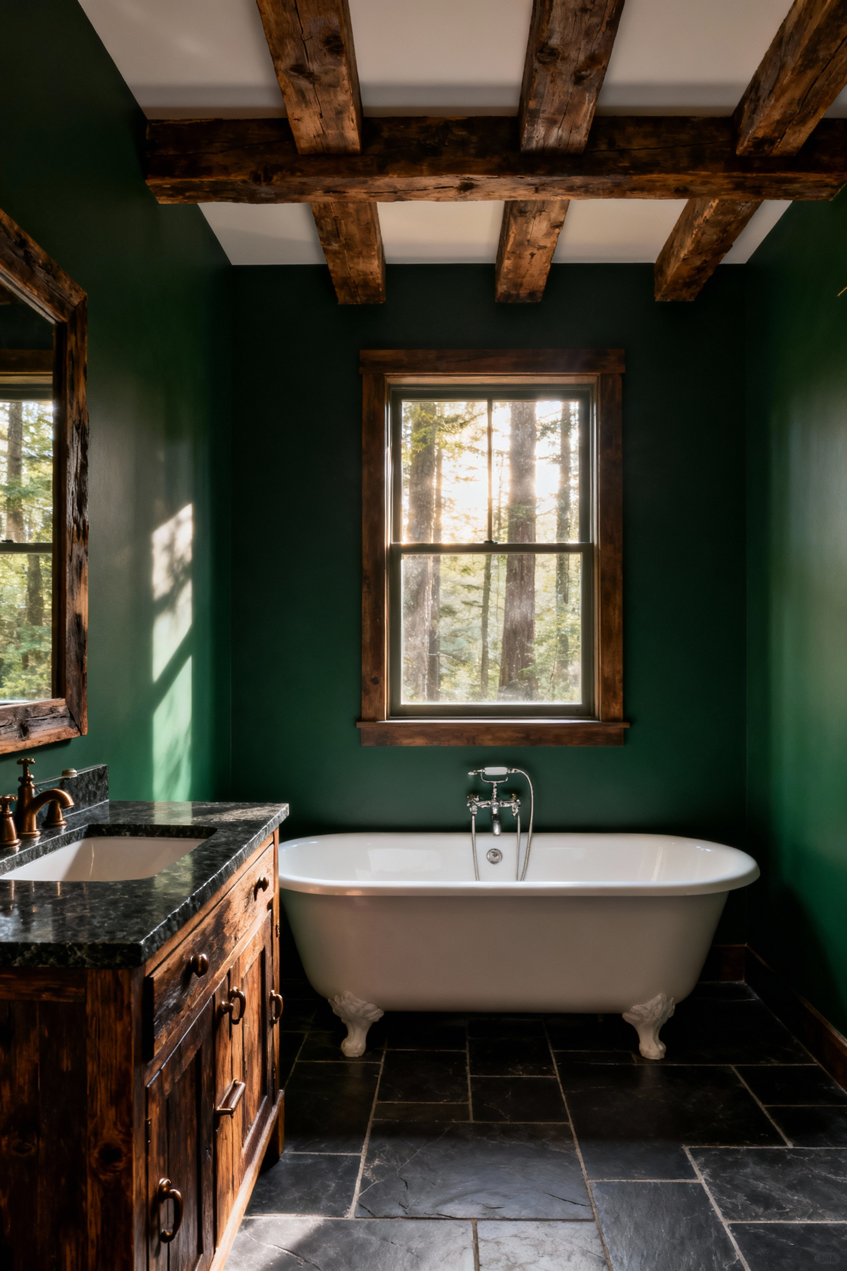 Rustic bathroom interior featuring deep matte forest green walls, a white soaking tub, reclaimed wood vanity, and exposed wooden ceiling beams, creating a tranquil nature-inspired retreat.