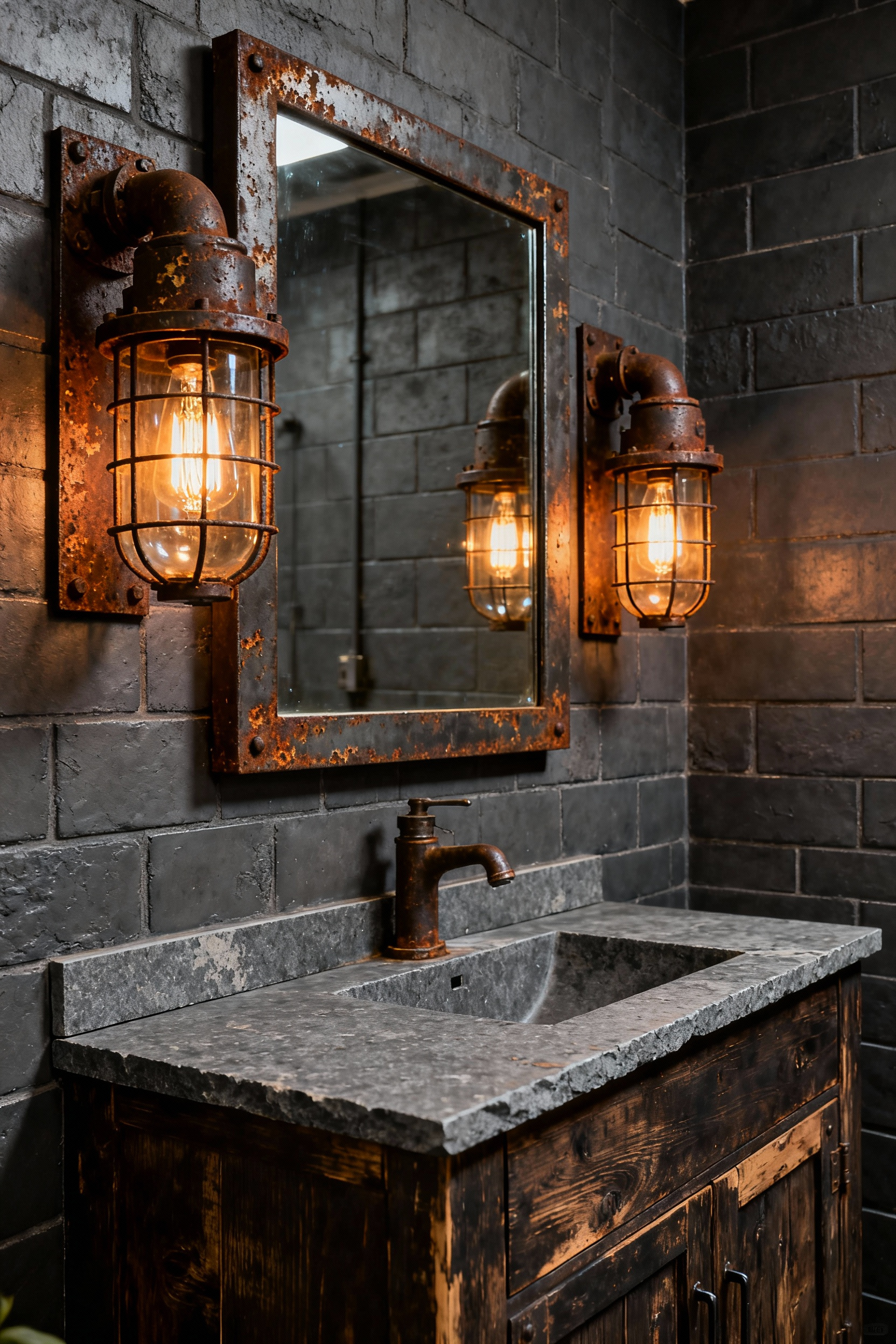 Detailed photograph showing two heavily rusted, cast iron industrial salvage sconces flanking a mirror above a reclaimed wood vanity in a moody rustic industrial bathroom.