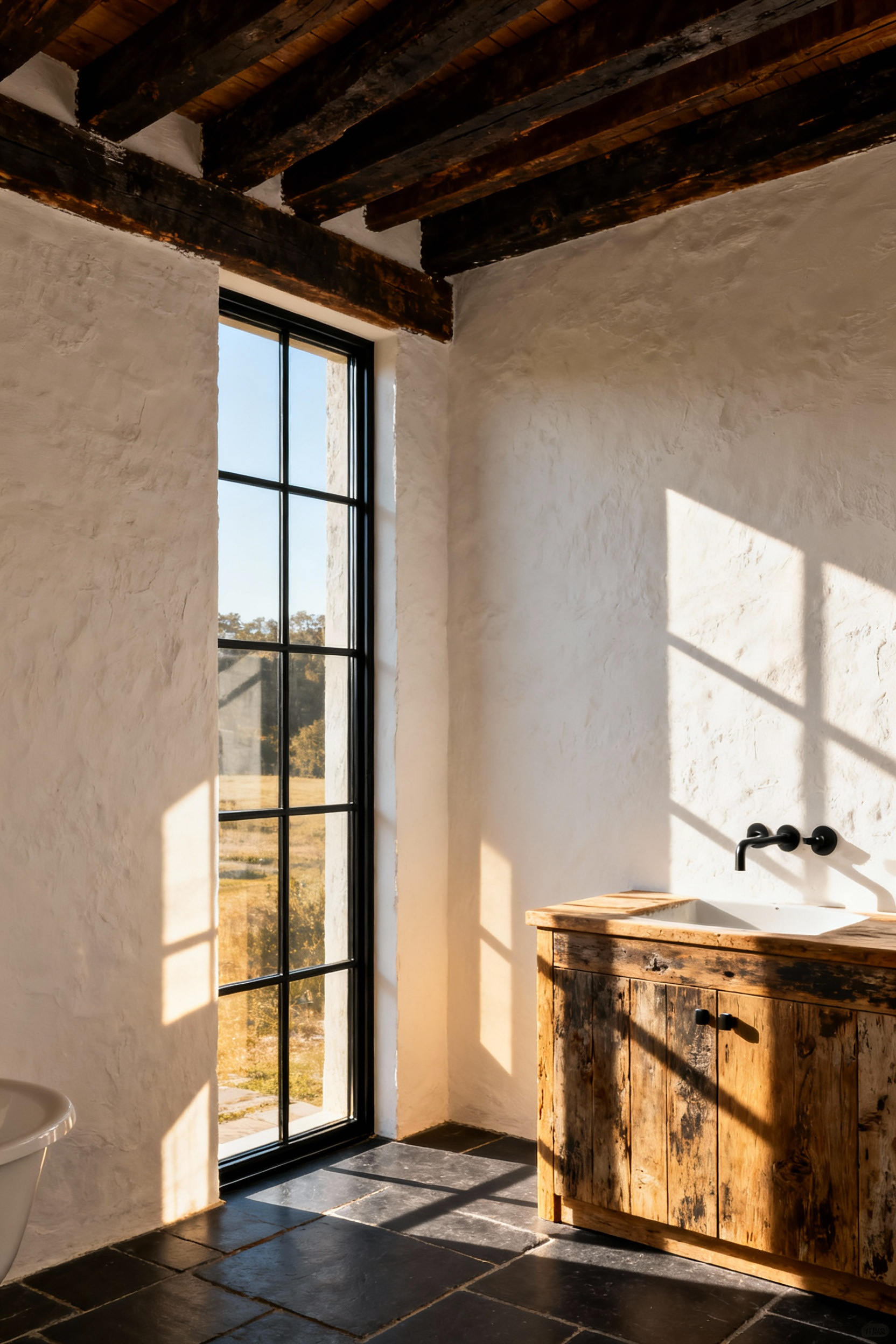Rustic bathroom interior showcasing a large black iron-framed window with narrow profiles maximizing natural light over a reclaimed wood vanity and flagstone floor.