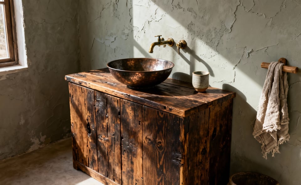 Rustic wabi-sabi bathroom featuring a heavily patinated reclaimed wood vanity and hammered copper sink, emphasizing the beauty of imperfect and authentic design.