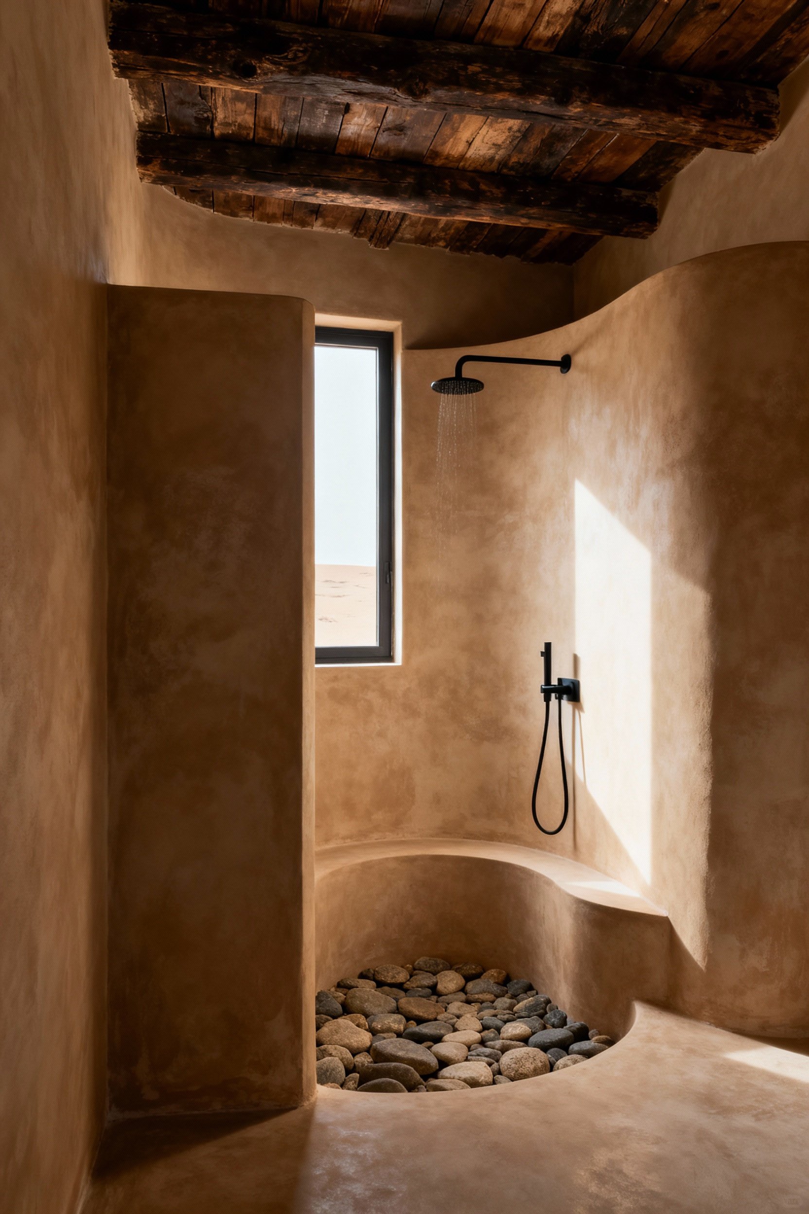 Rustic bathroom remodel featuring seamless, warm sandy Tadelakt lime plaster walls inside a walk-in shower and surrounding area, complemented by slate flooring and exposed aged wood beams.