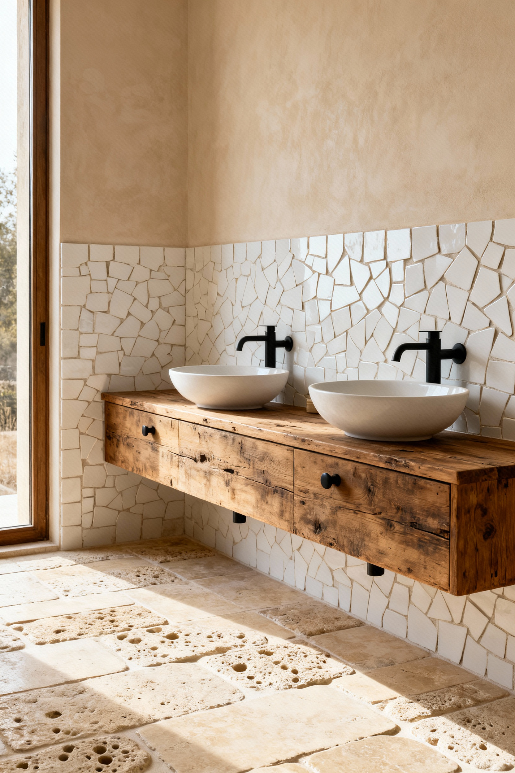 Tumbled creamy beige travertine tile flooring laid in a high-end rustic bathroom with an oak vanity and soft natural daylight.