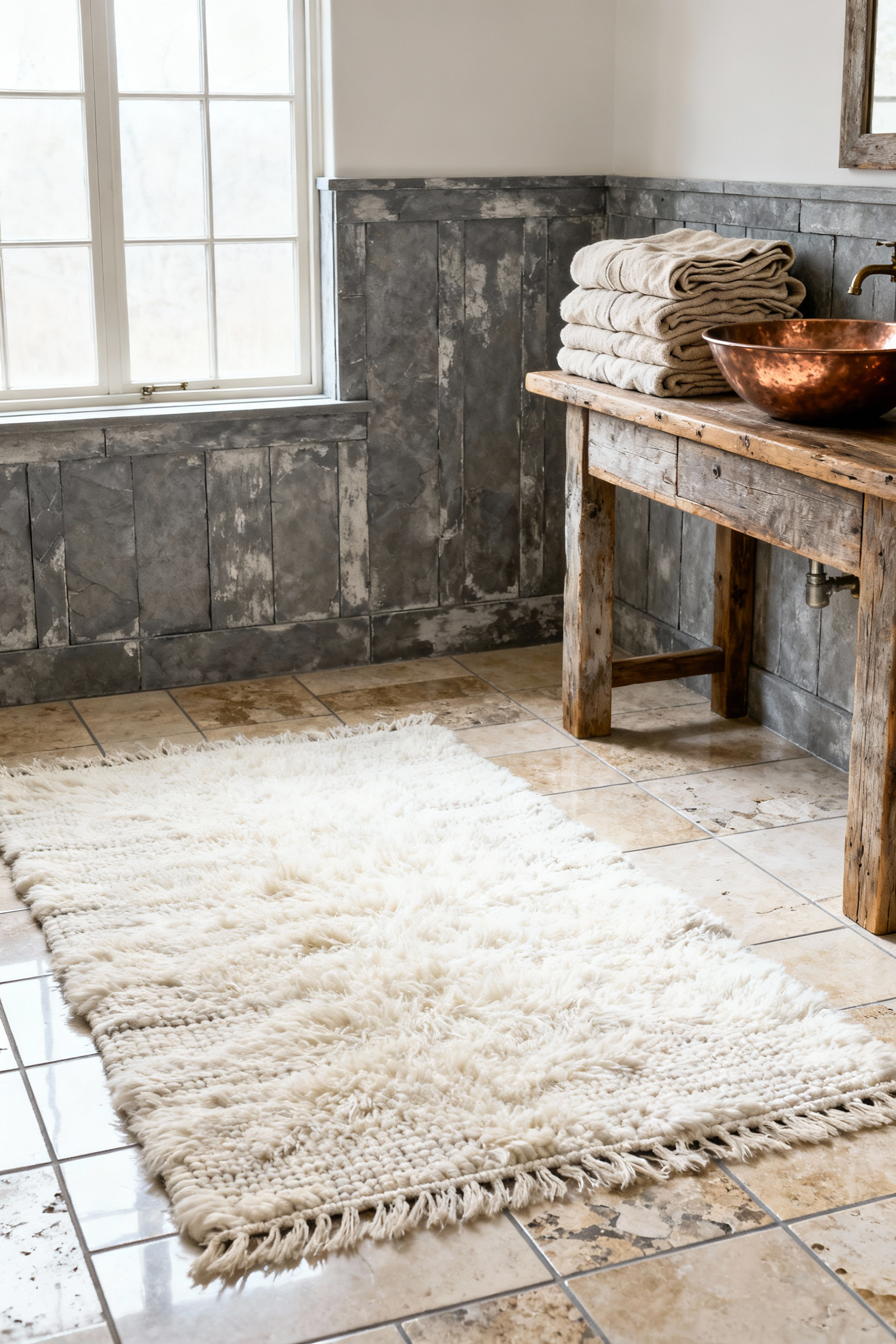 A spacious rustic bathroom featuring rugged slate tile walls and travertine floors softened by a thick cream wool rug and stacked oatmeal Belgian linen towels, used to absorb sound.