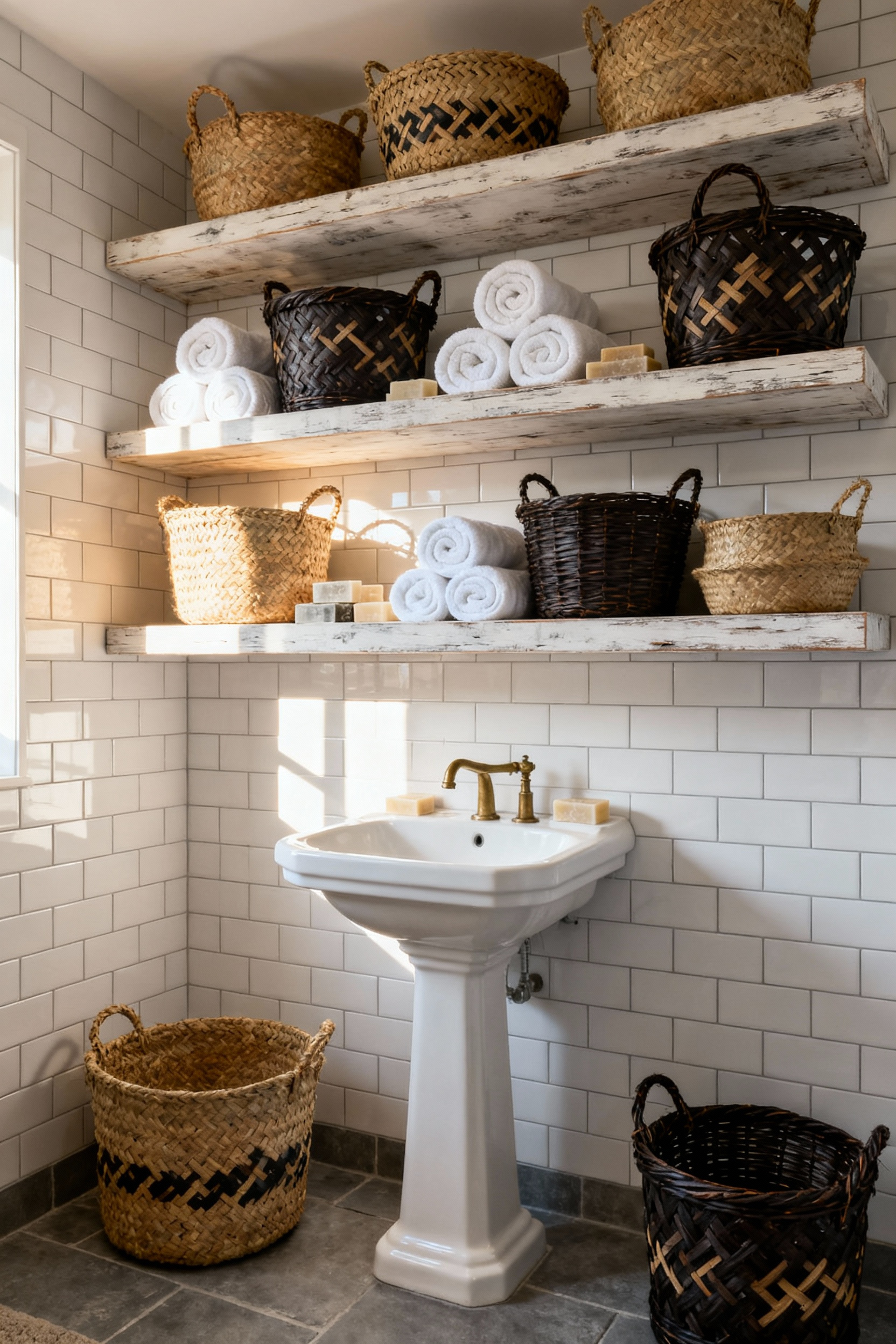 Open whitewashed wood shelves in a rustic bathroom filled with woven natural fiber seagrass and rattan baskets used for stylish storage, contrasting with white subway tile.