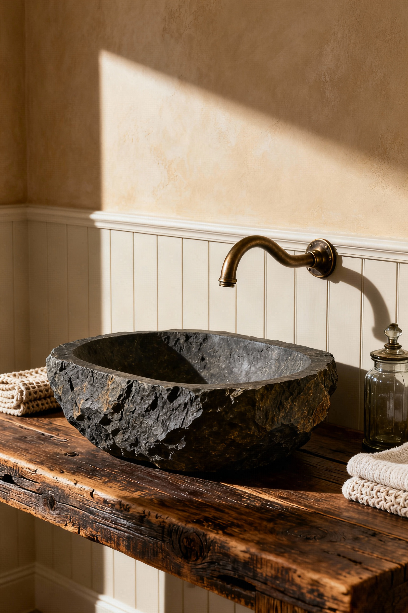 A high-end rustic bathroom vanity featuring a rough-hewn dark granite vessel sink resting on a reclaimed wood countertop under natural window light.