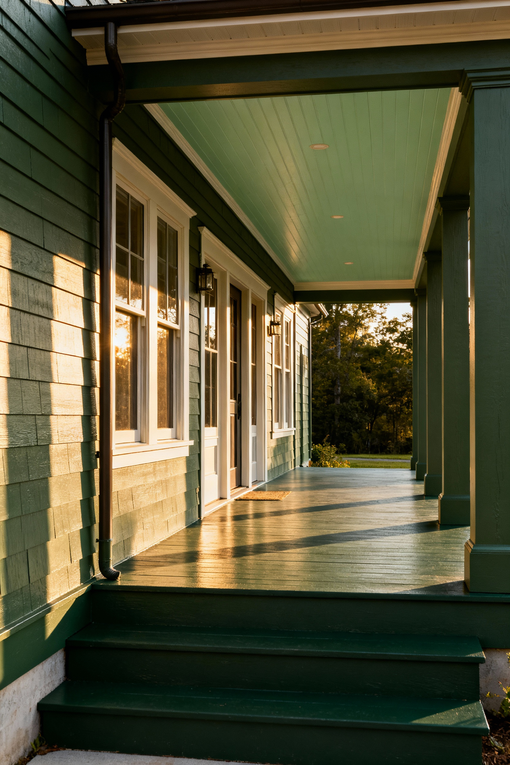 A wide front porch featuring a monochromatic paint scheme of three shades of sage green: dark decking, medium columns, and light ceiling, illustrating sophisticated tonal depth.