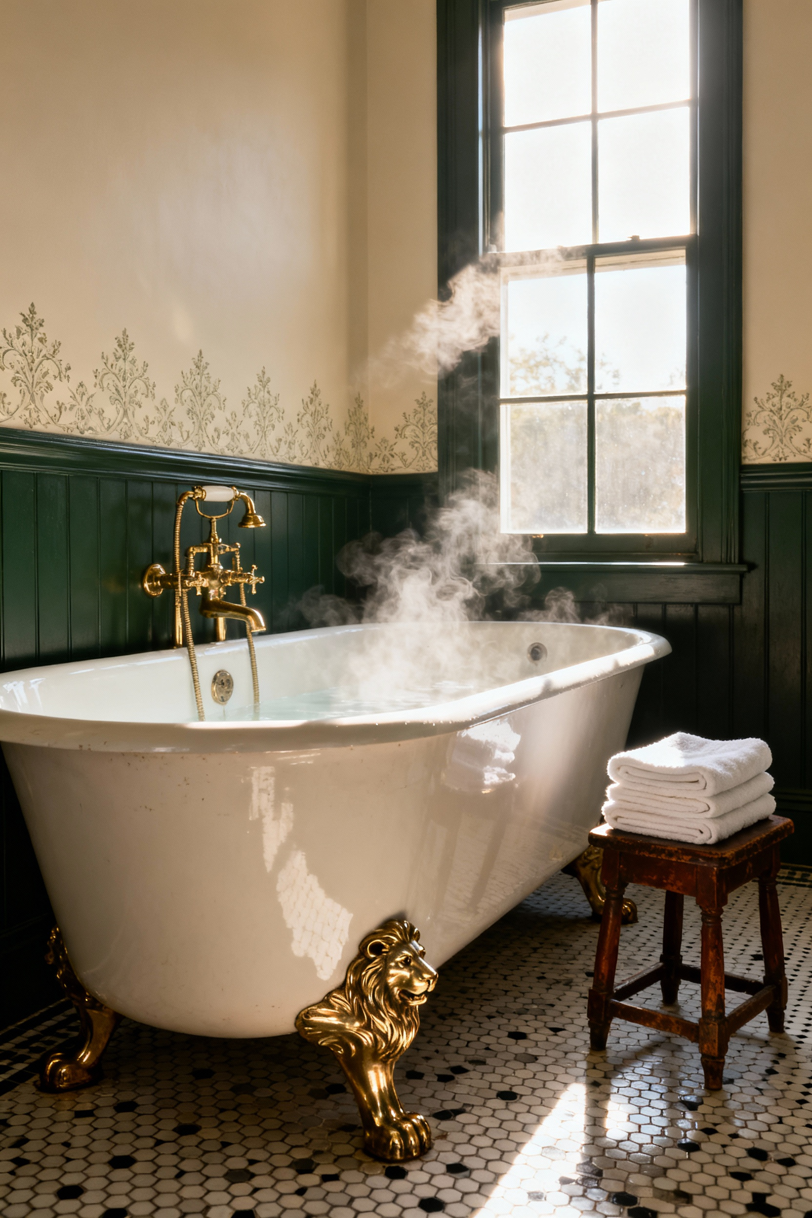 A photograph of a luxurious vintage bathroom showcasing a massive, salvaged 1880s cast iron clawfoot tub with ornate brass feet, filled with steaming water.