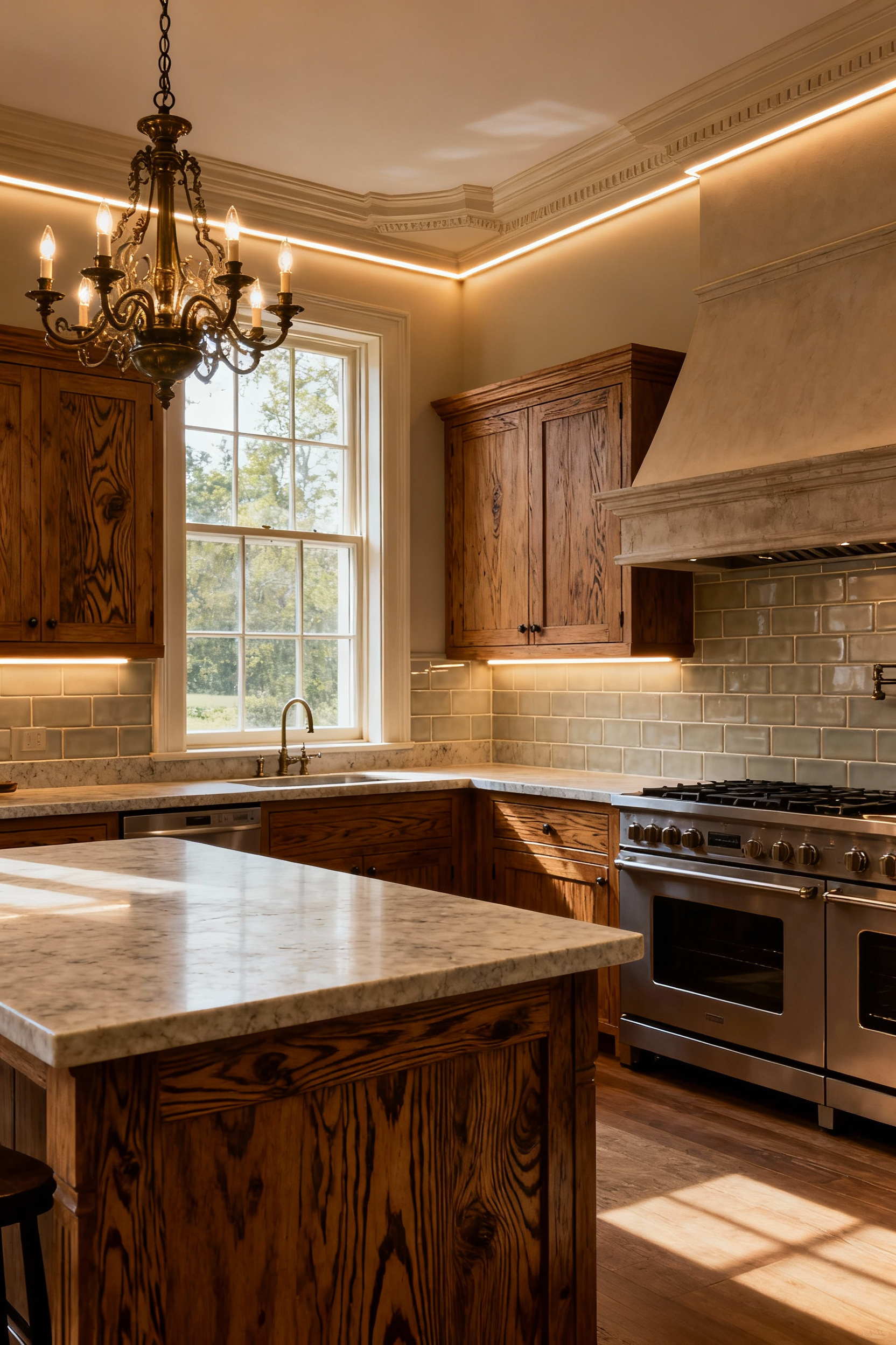 Historic kitchen interior showcasing layered lighting and various tactile finishes like soapstone countertops, hand-hewn wooden cabinets, and matte ceramic tiles, creating a sensory-rich and well-being-focused environment. Warm and inviting atmosphere.