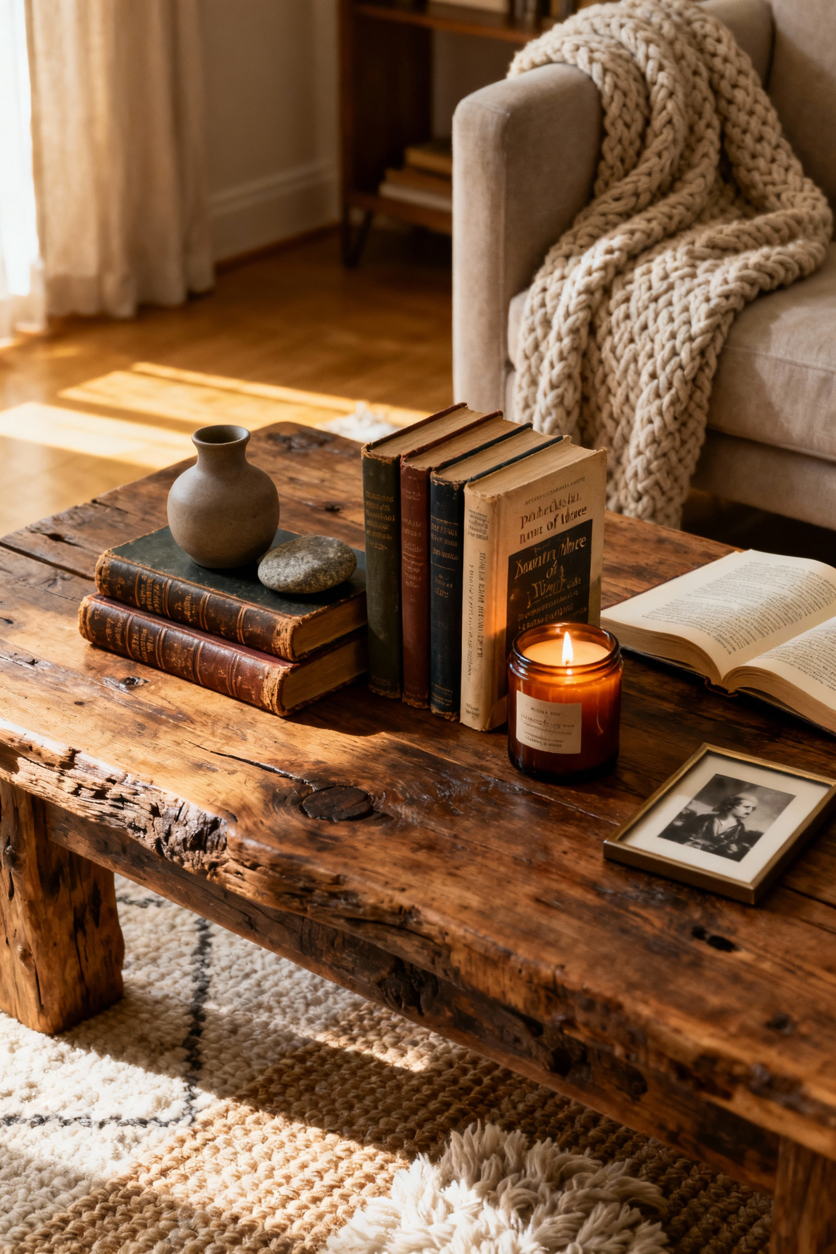 Cozy living room interior showing a rustic wood coffee table intentionally styled with varied stacks of vintage books, personalized artifacts grouped in threes, and a beautifully showcased book cover, all illuminated by soft golden light.