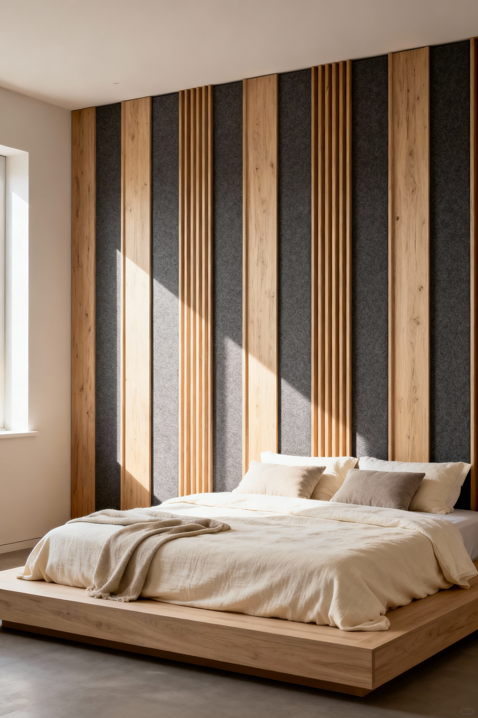 Modern bedroom featuring light oak acoustic wood slat panels covering the main wall behind the bed, designed to dampen noise and enhance sensory softening.