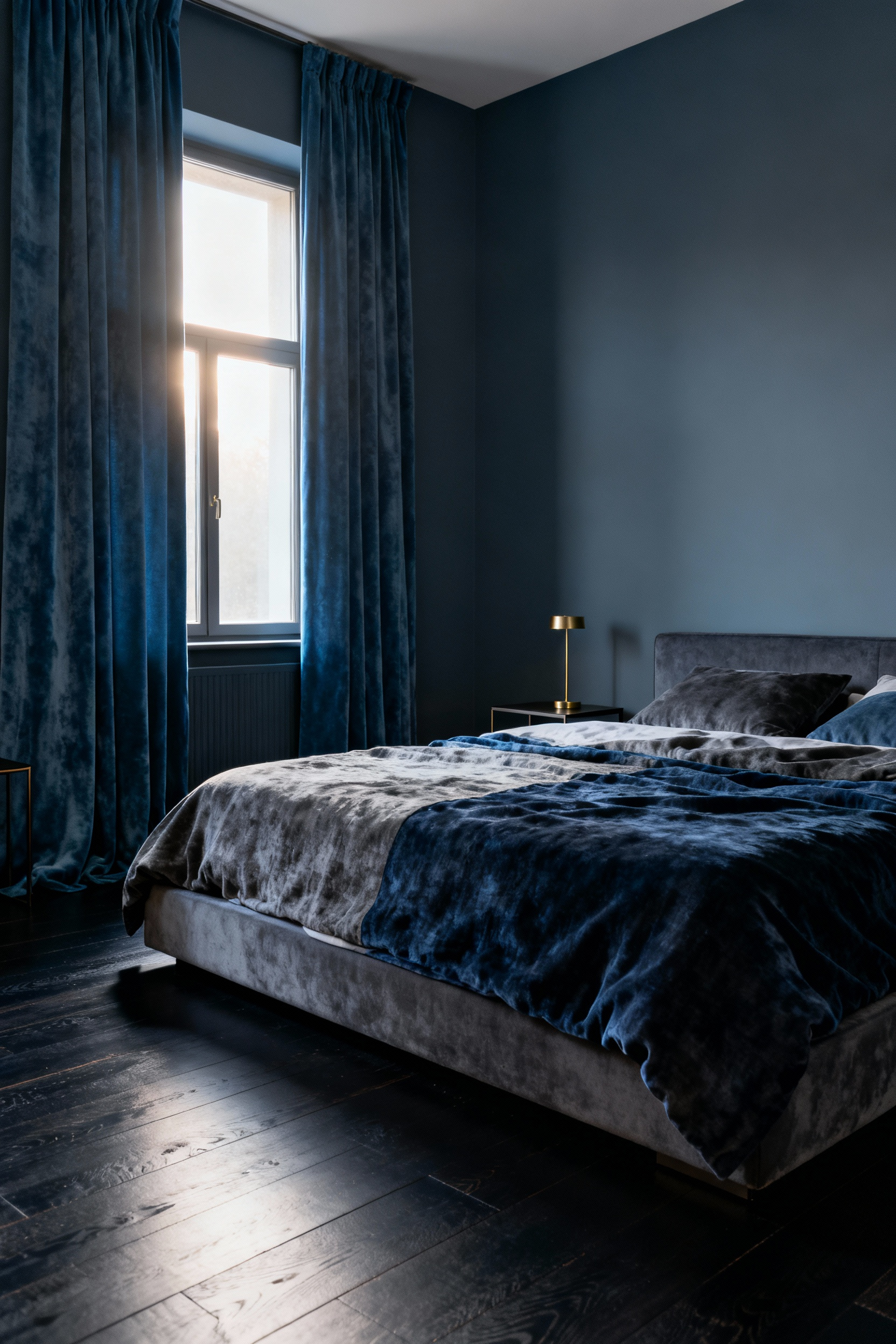 A photograph of a calming slate grey-blue bedroom featuring heavy layered linen bedding and velvet curtains, demonstrating a grounded, moody design for anxiety relief.