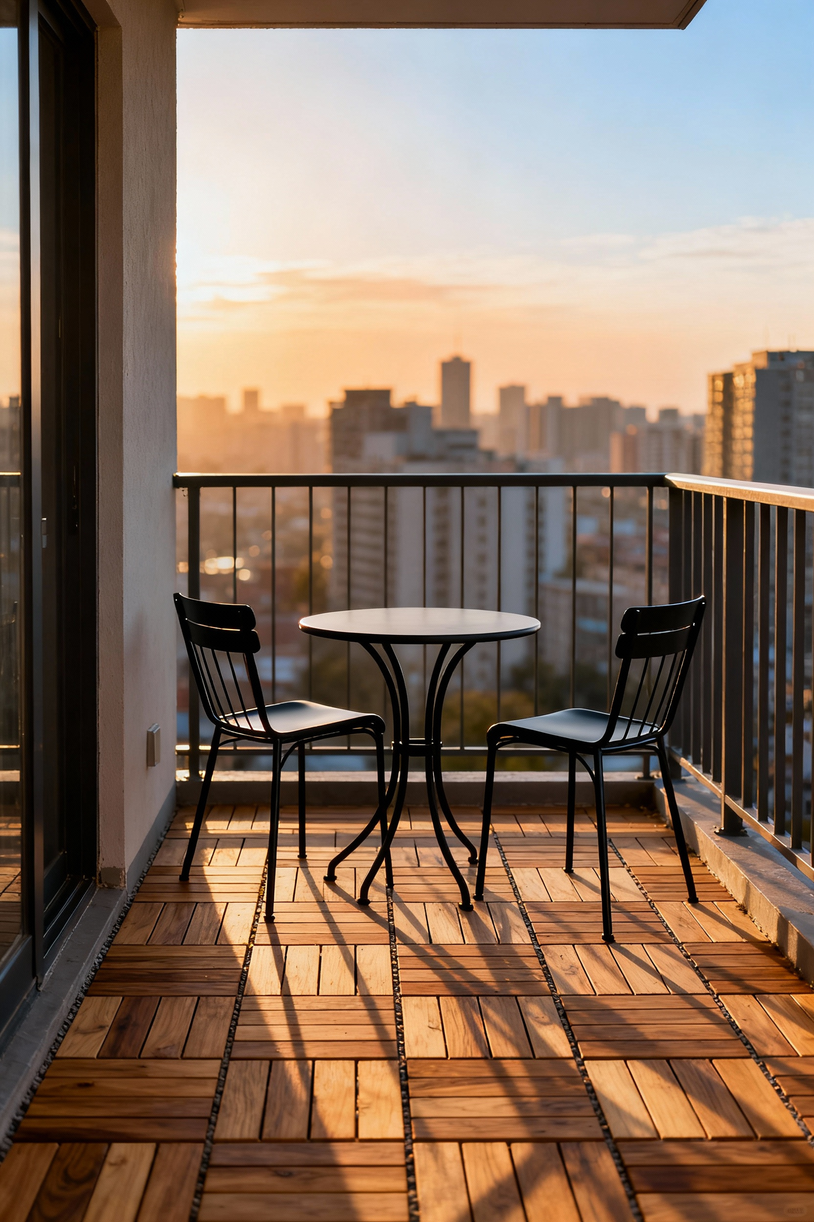 A photograph of a small balcony with a slim black wrought iron bistro set intentionally positioned to maximize the circulation space and demonstrate efficient furniture placement.