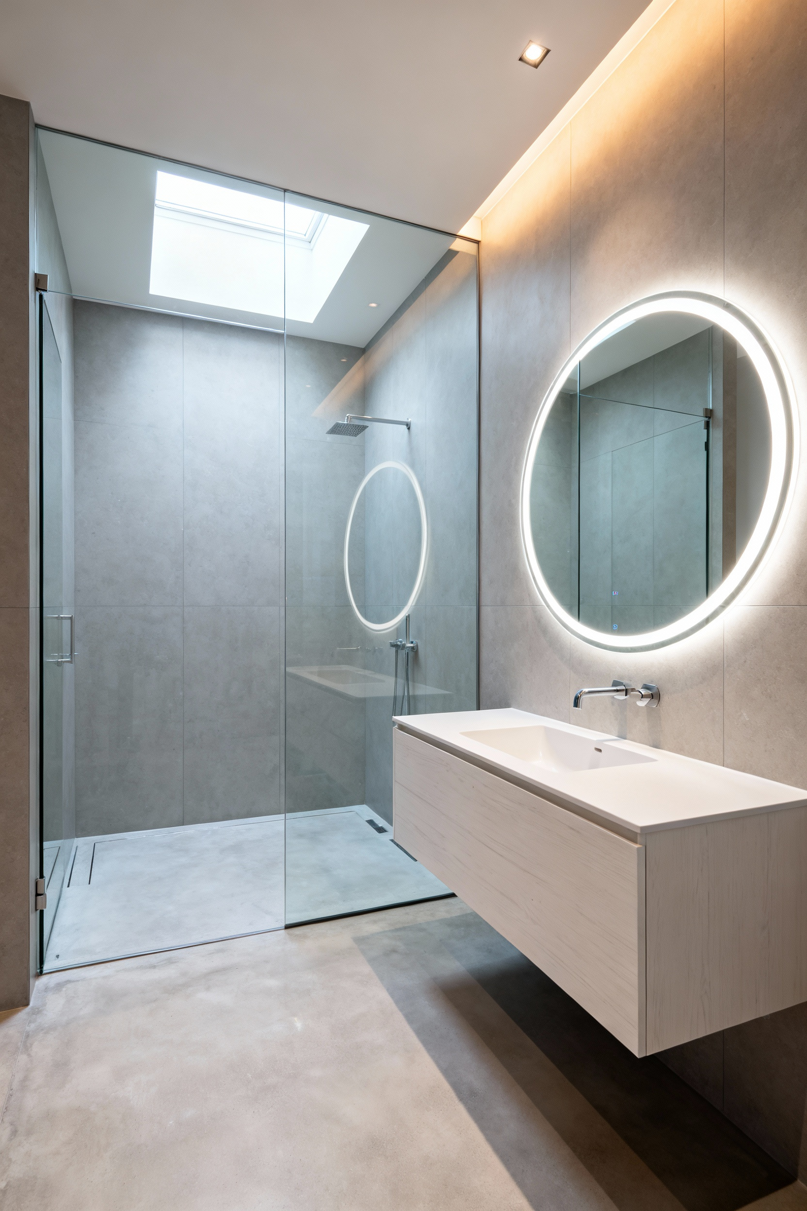Small modern bathroom featuring a continuous seamless frameless glass shower partition, light gray tiles, and a floating vanity, designed to maximize perceived space.