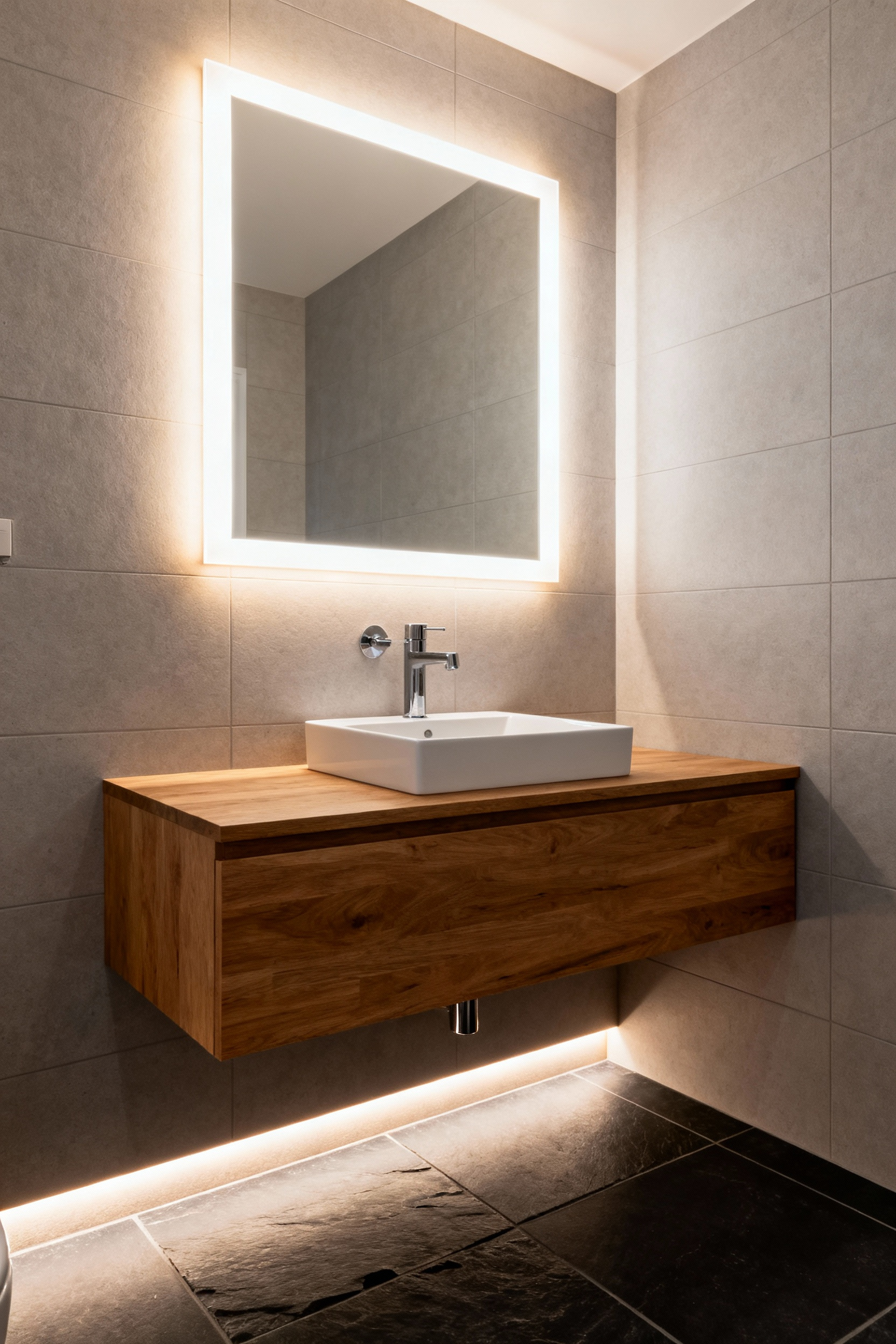 Small modern bathroom featuring a floating oak vanity, a large backlit mirror, and toe-kick lighting designed to create depth and expand the perceived space.