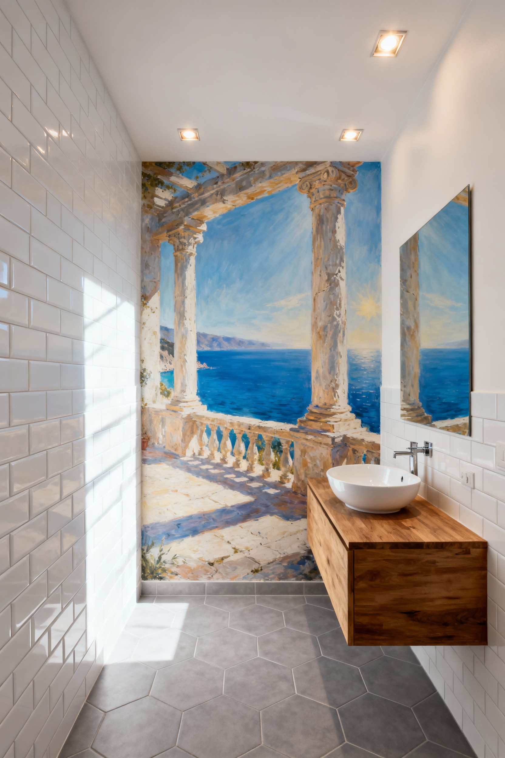 A small, modern bathroom featuring a large trompe-l'œil mural of a sun-drenched Mediterranean coastal landscape, creating the illusion of expanded space and depth on a previously blank wall.