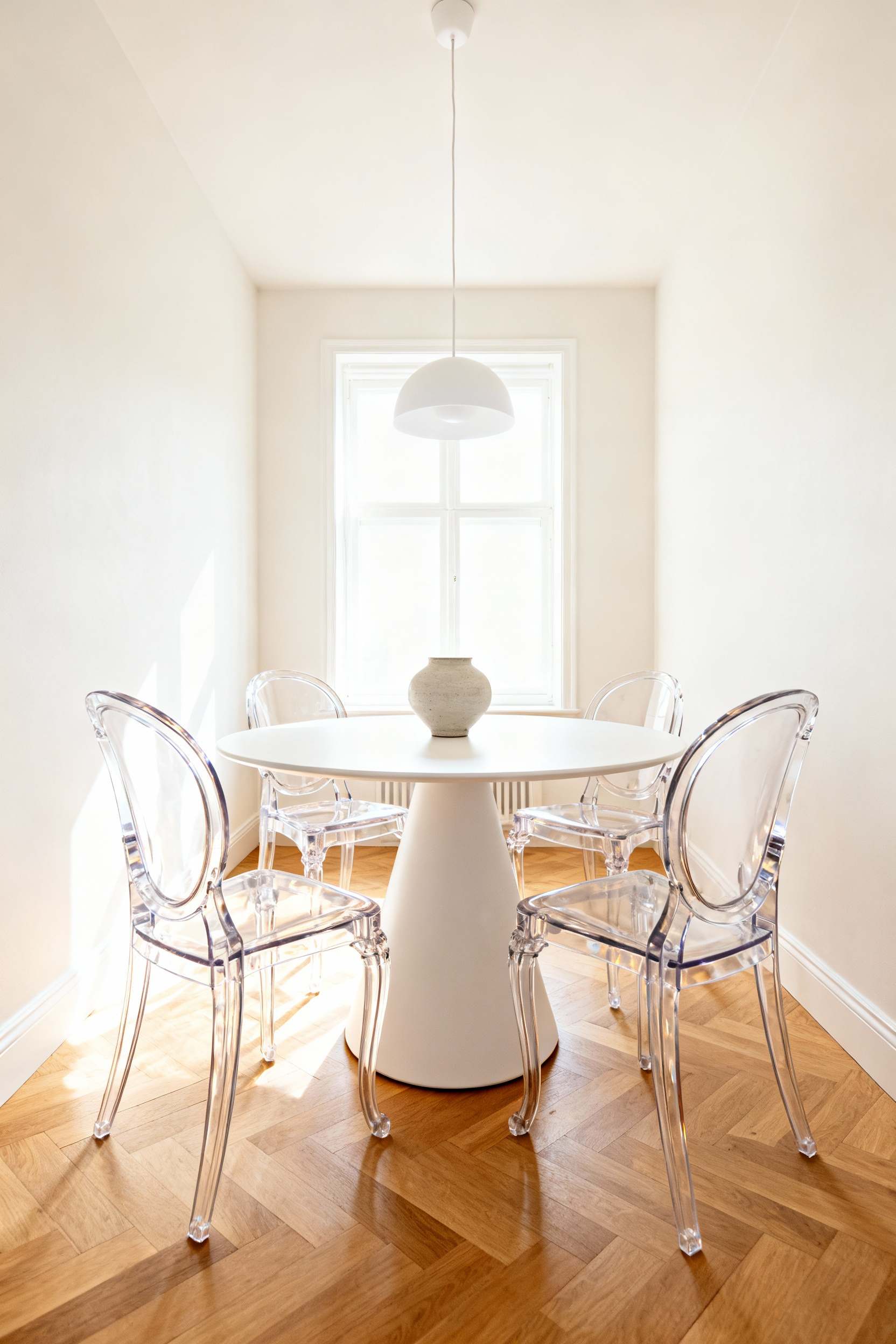 A small modern dining room featuring four clear acrylic Louis Ghost style chairs around a round white table, illustrating how transparent furniture reduces visual clutter in tight spaces.