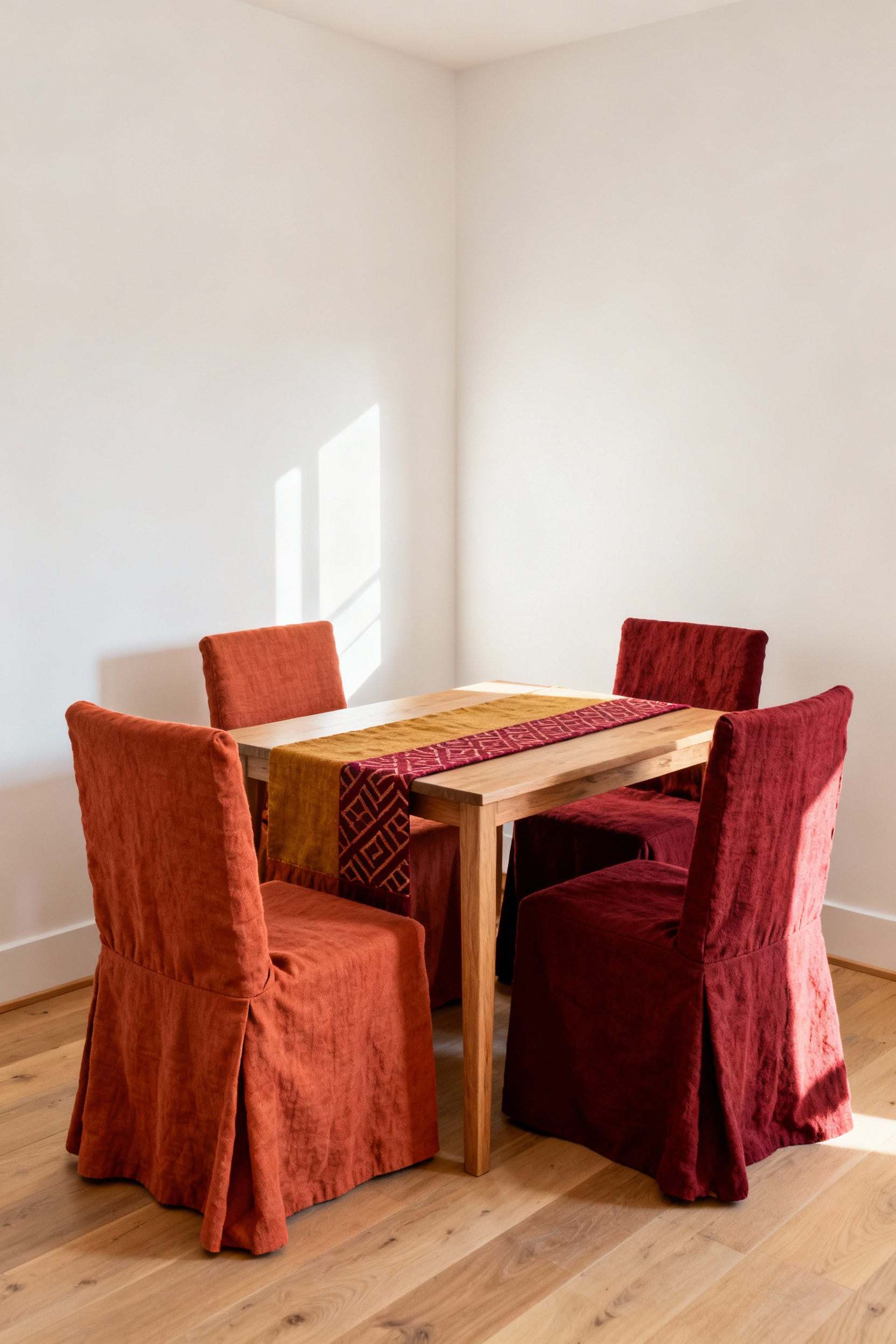 Small dining room featuring a wood table and chairs with tailored terracotta linen slipcovers and a striped spiced mustard runner demonstrating the effect of warm textiles.
