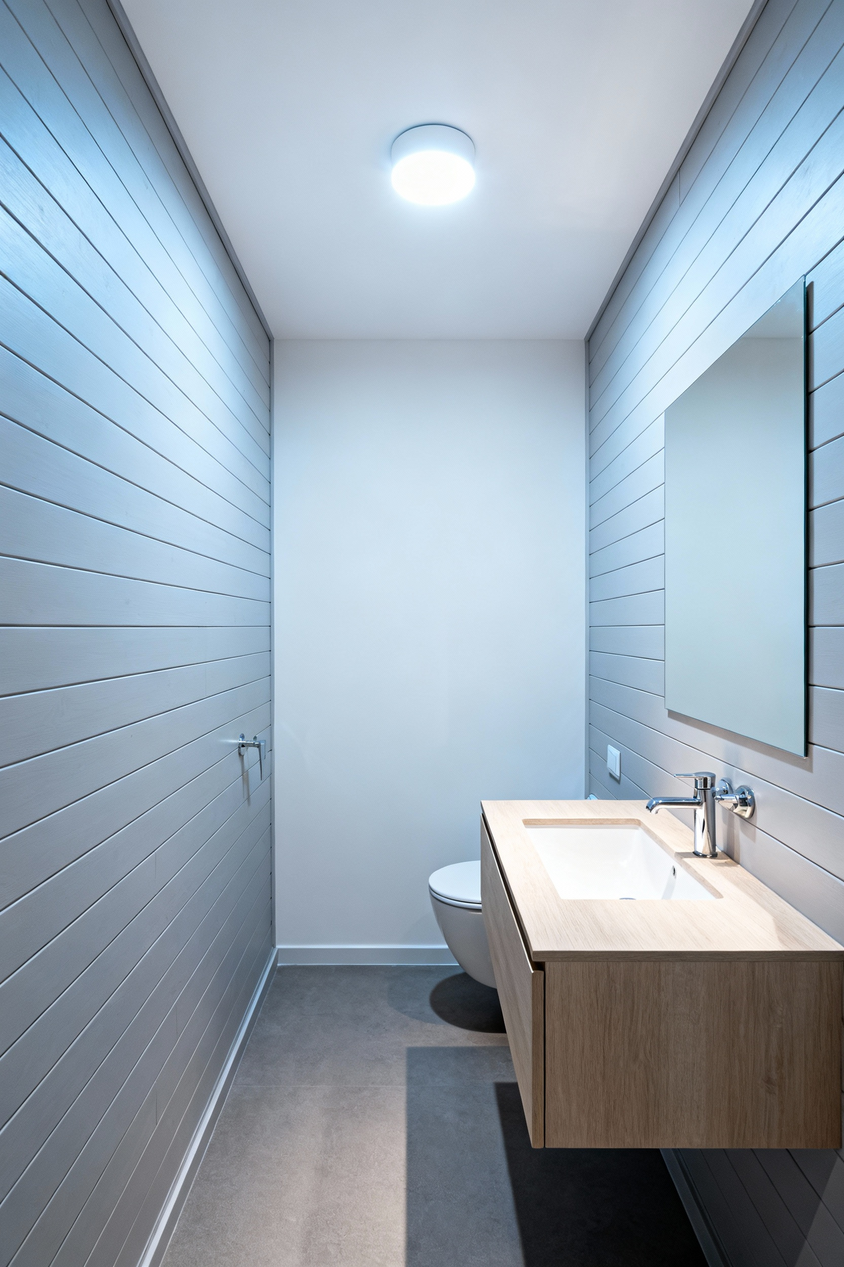 A photograph showing a small, modern powder room dramatically illuminated by a flush-mounted ceiling sun tunnel (Tubular Daylighting Device) providing diffused natural light over a floating light wood vanity.