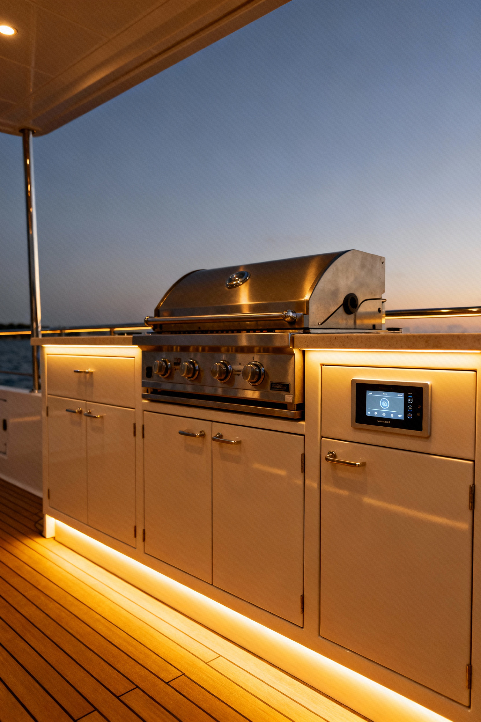 Luxurious outdoor kitchen at dusk with smart home technology and dimmable LED lighting integrated into marine-grade polymer cabinets, creating a warm, functional ambiance